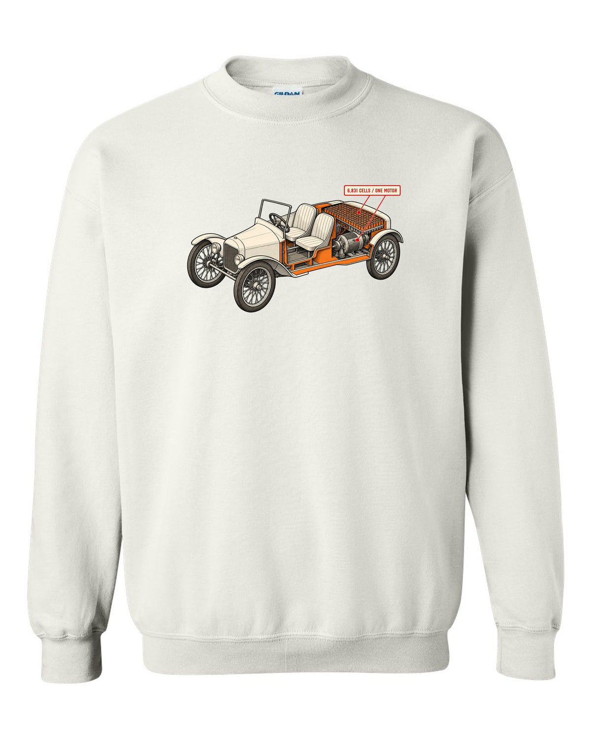 Isometric cutaway diagram print of a Tesla Roadster Gen 1 reading 6,831 Cells One Motor white crewneck front view with the design