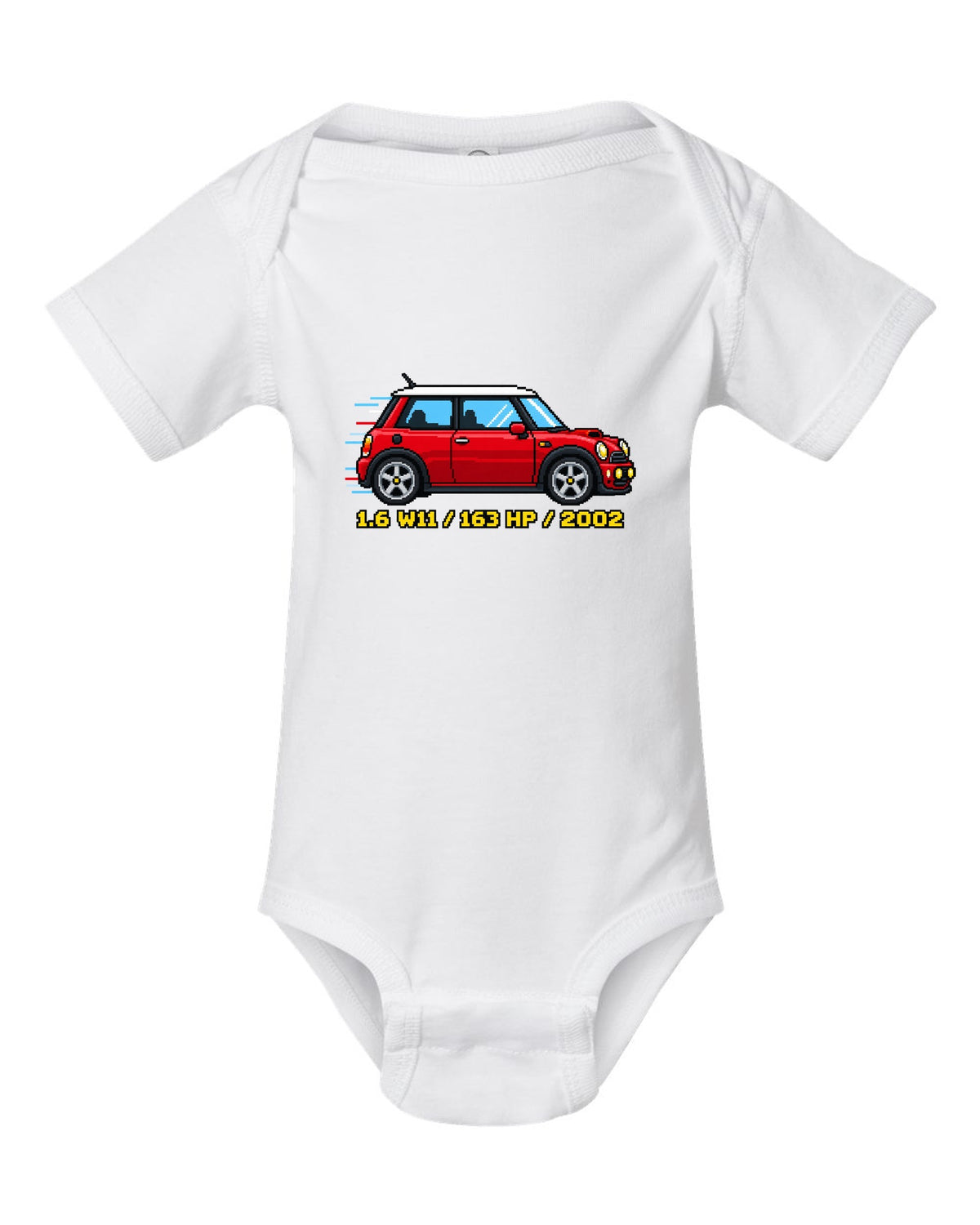 Sixteen-bit pixel art Mini Cooper S R53 with 1.6 W11, 163 HP, 2002 stats white baby onesie front view with the design