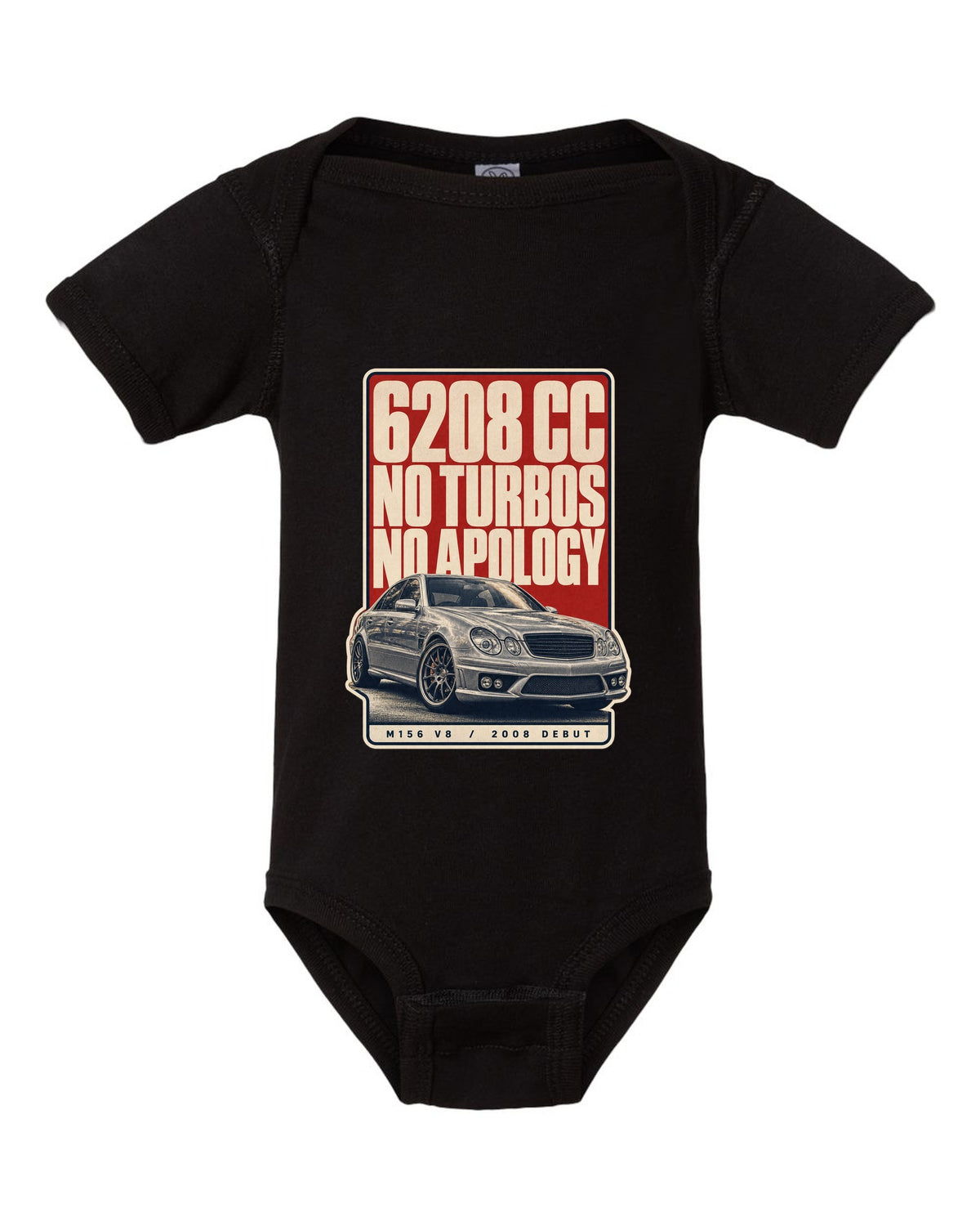 Mercedes-AMG C63 W204 sedan with editorial headline in silver-grey black baby onesie front view with the design