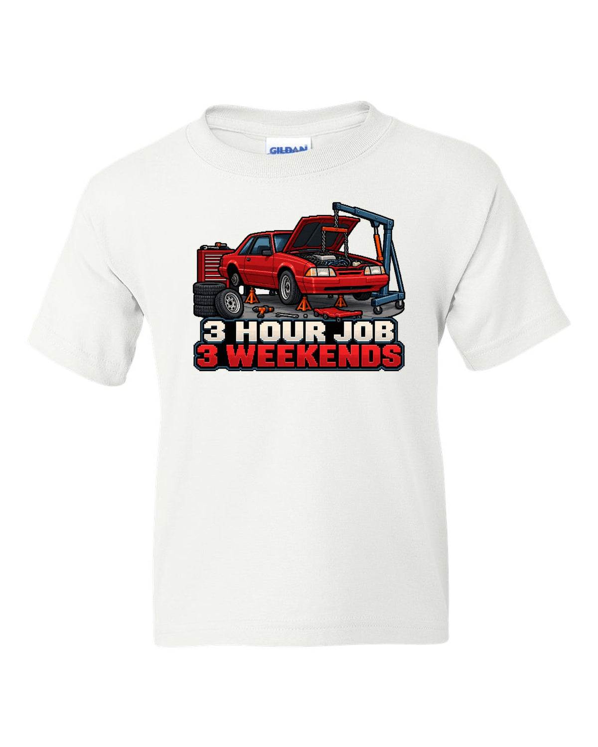 16-bit pixel art print of a 1989 Ford Mustang Fox Body notchback in a workshop white kids tee front view with the design