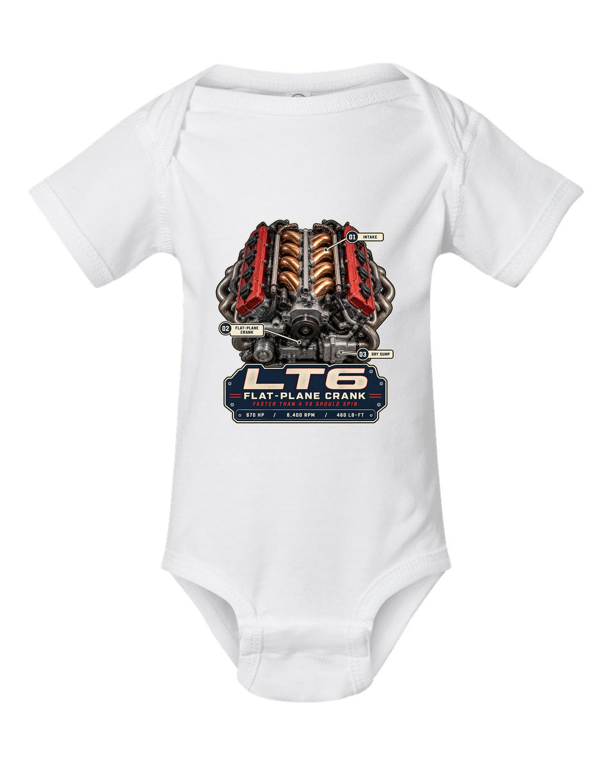 Engine hero print of the LT6 flat-plane V8 in a Chevrolet Corvette C8 Z06 white baby onesie front view with the design