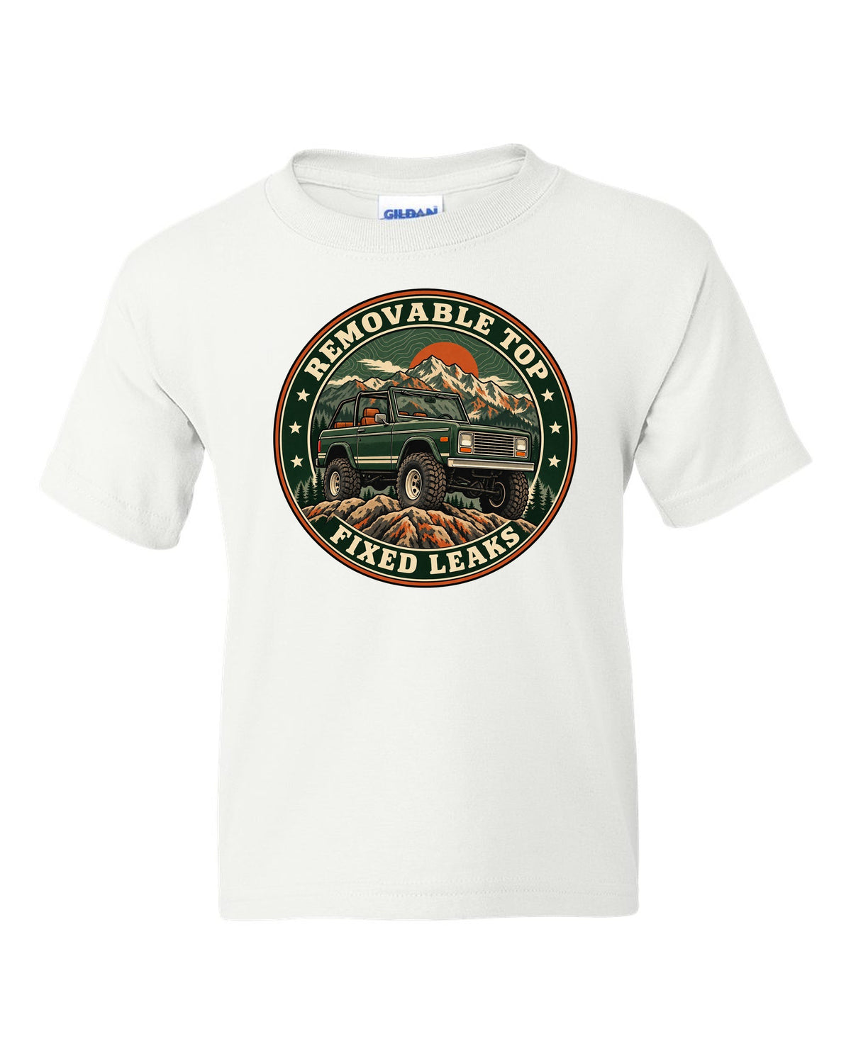 Topographic route map print for the 1973-91 Chevrolet K5 Blazer with removable top text white kids tee front view with the design