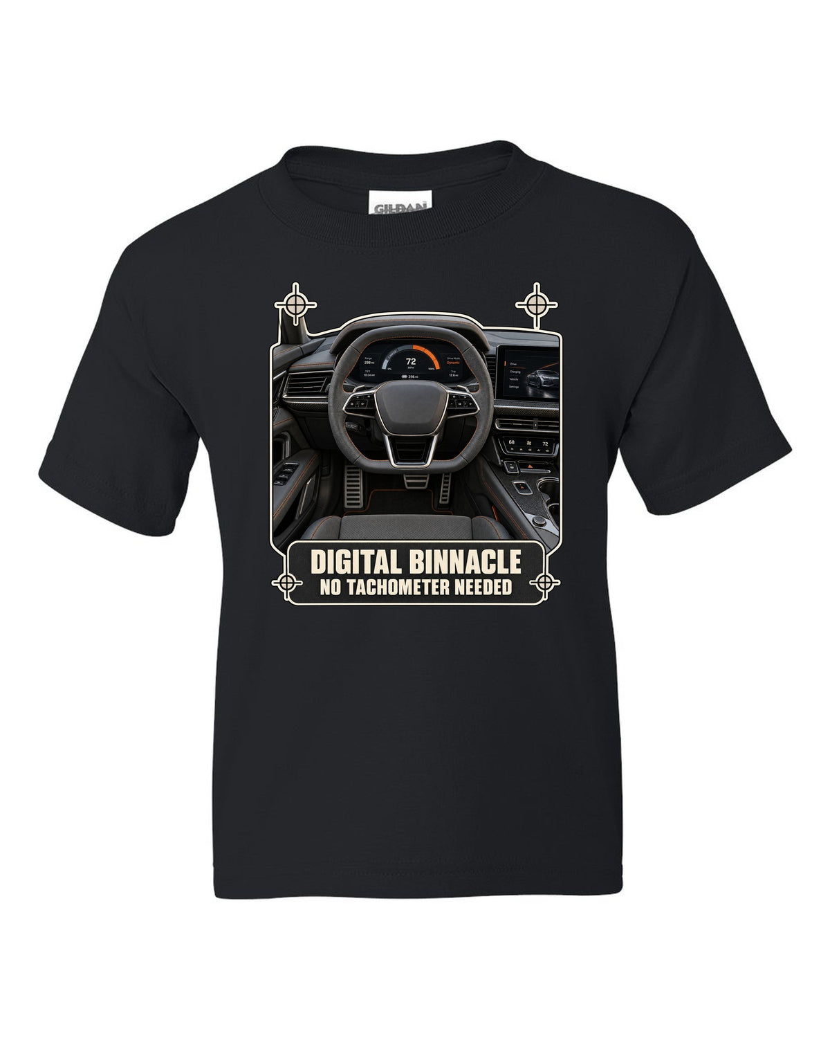 Audi RS e-tron GT interior driver view digital binnacle cockpit gauge design black kids tee front view with the design