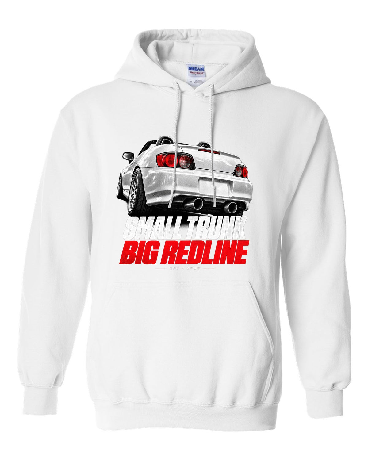 Honda S2000 AP1 roadster taillight detail design with small trunk big redline text white pull over hoodie front view with the design
