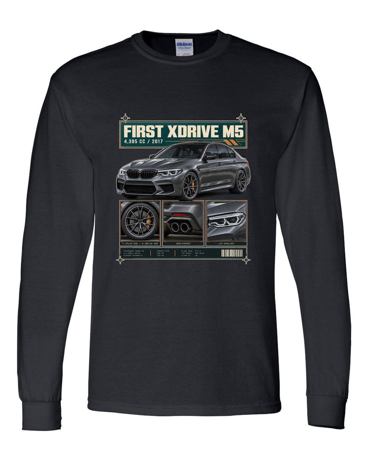 BMW M5 F90 Competition dossier panel print on a tee black long sleeve front view with the design