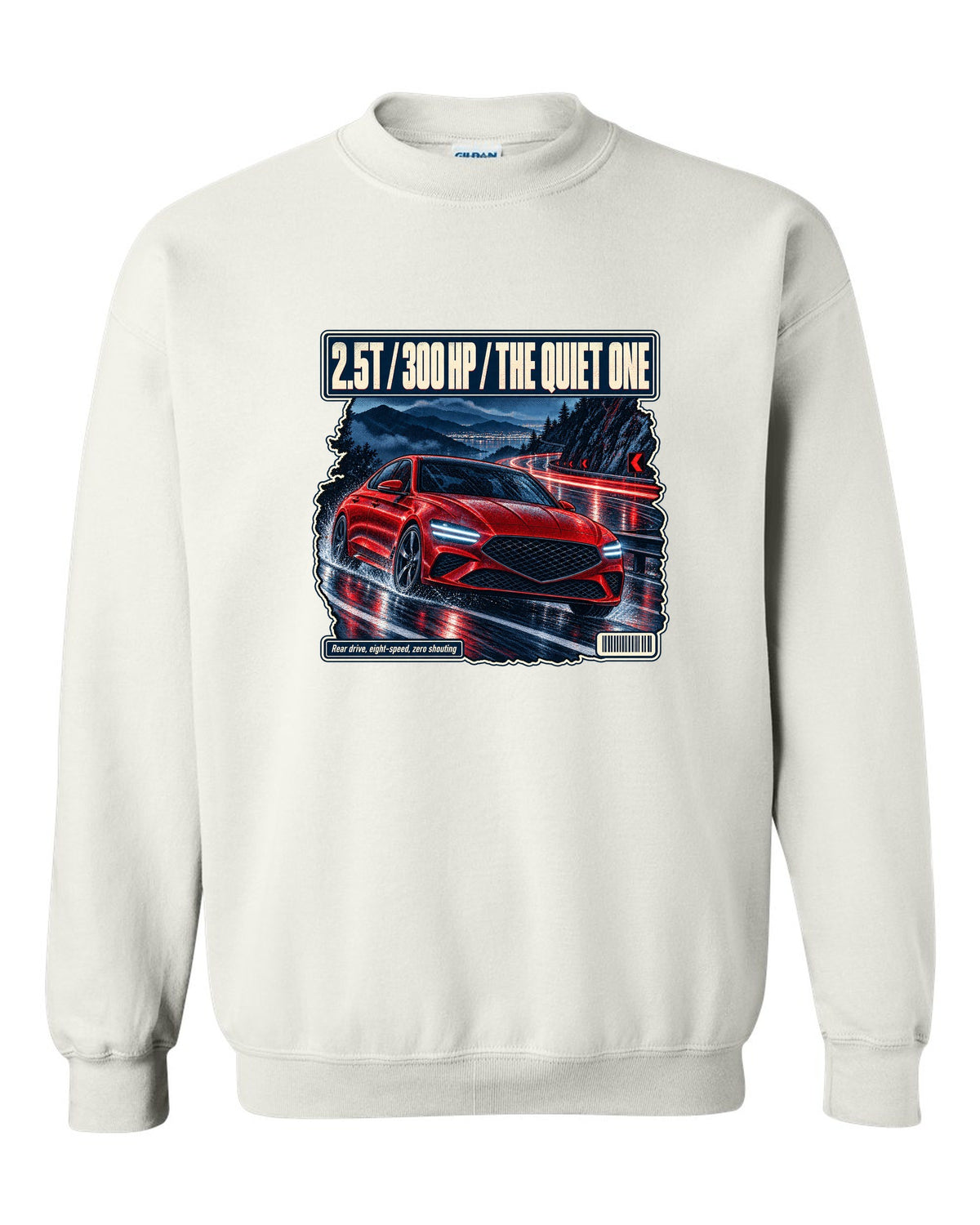 Night touge print of the Genesis G70 with 2.5T 300 HP lettering white crewneck front view with the design