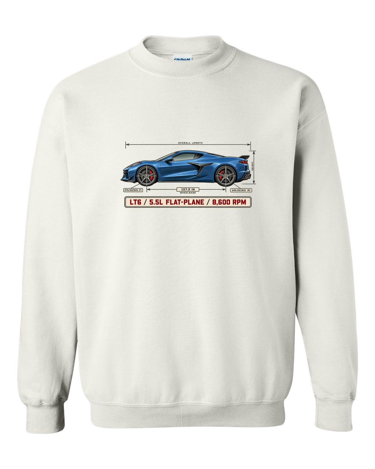 Dimension blueprint print of a Chevrolet Corvette C8 Z06 with LT6 5.5L flat-plane text white crewneck front view with the design