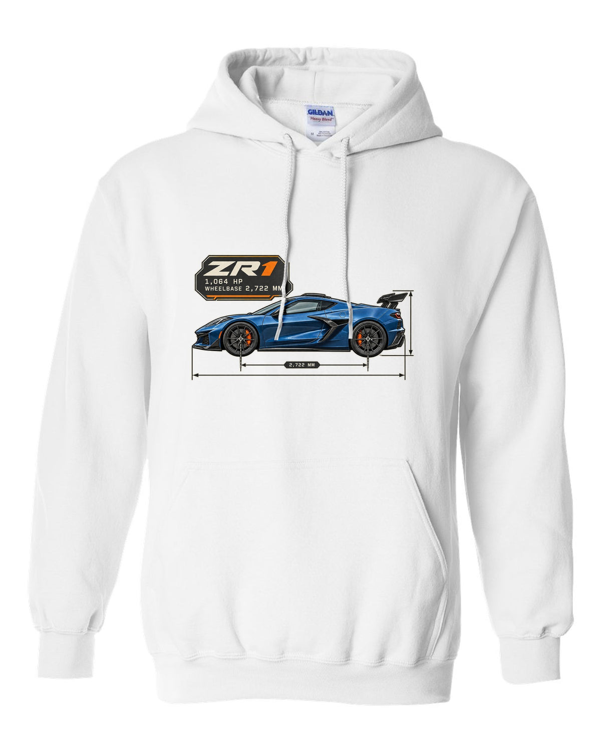 print of a Chevrolet Corvette C8 ZR1 2025 dimension blueprint with 1,064 HP and wheelbase text white pull over hoodie front view with the design
