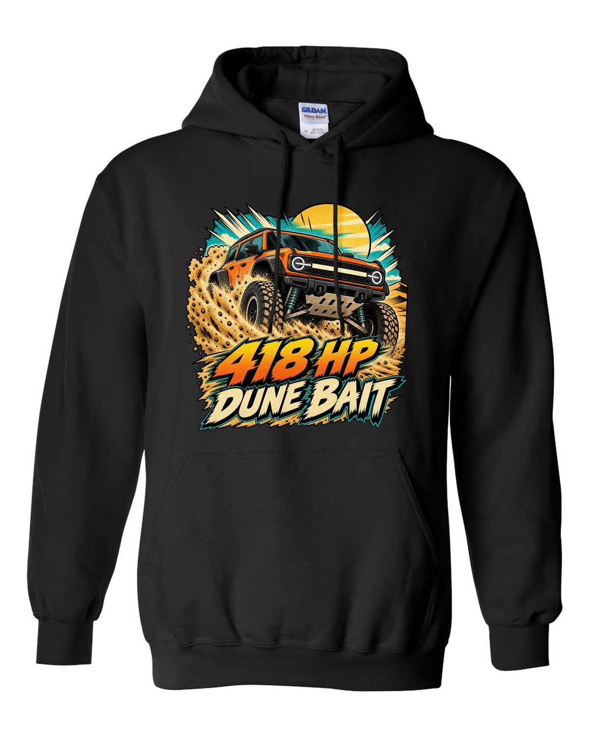 Ford Bronco Raptor U725 in a retro manga halftone dune panel print black pull over hoodie front view with the design