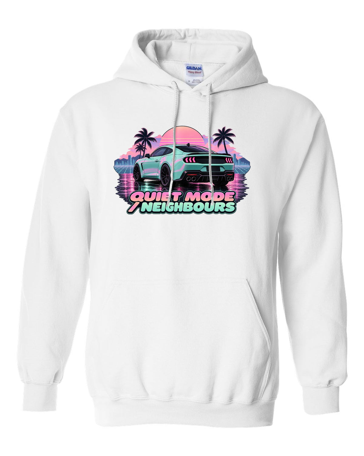 Vaporwave pastel print of a 2024 S650 Mustang coupe on wet asphalt with Quiet Mode text white pull over hoodie front view with the design
