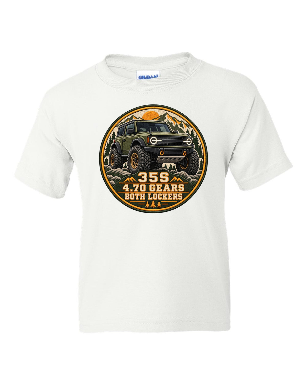 Round seal print for a 2021 Ford Bronco 6G Sasquatch package with 35s and lockers text white kids tee front view with the design