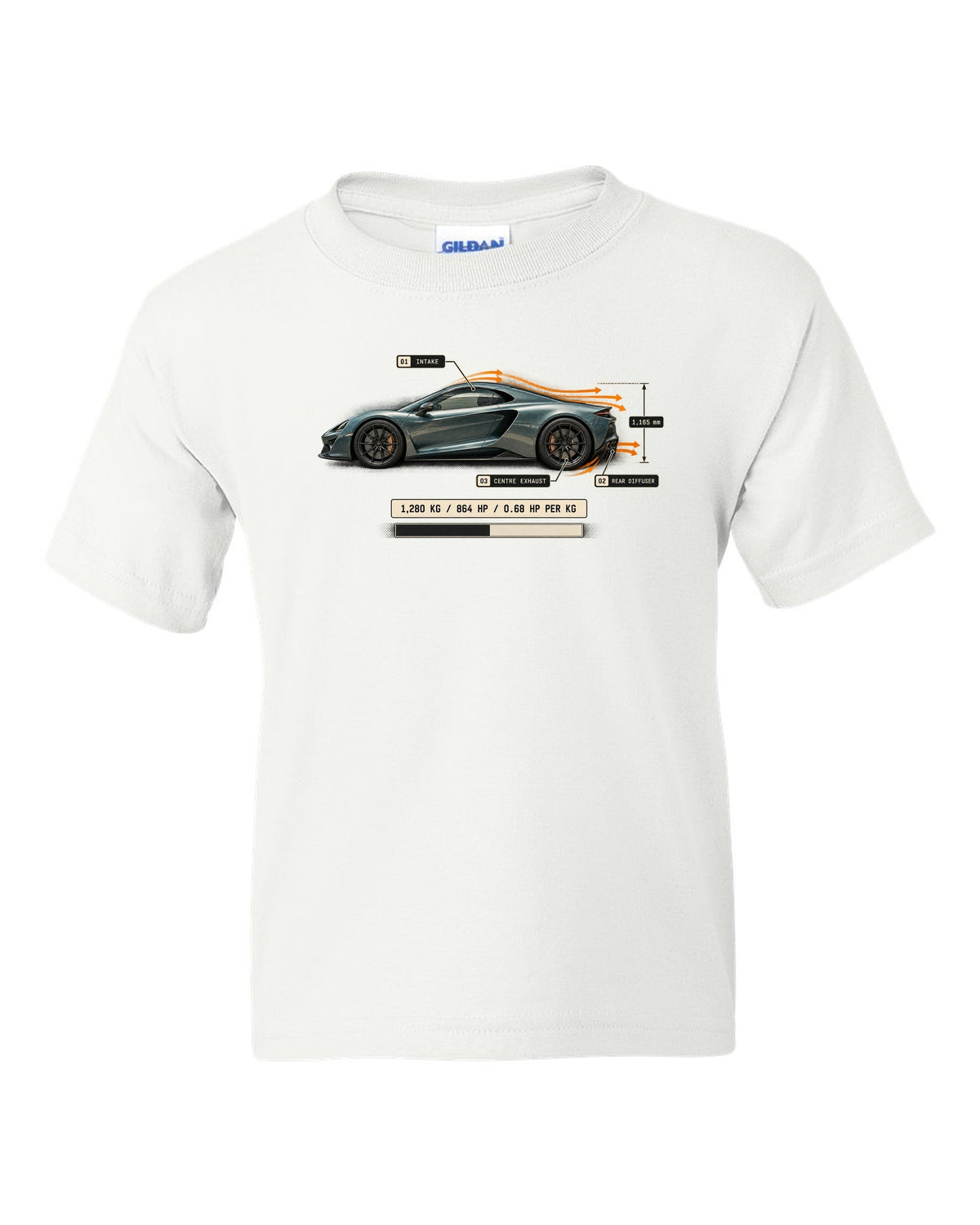 Airflow callout print of the Pagani Utopia with the text 1,280 kg, 864 hp, 0.68 hp per kg white kids tee front view with the design