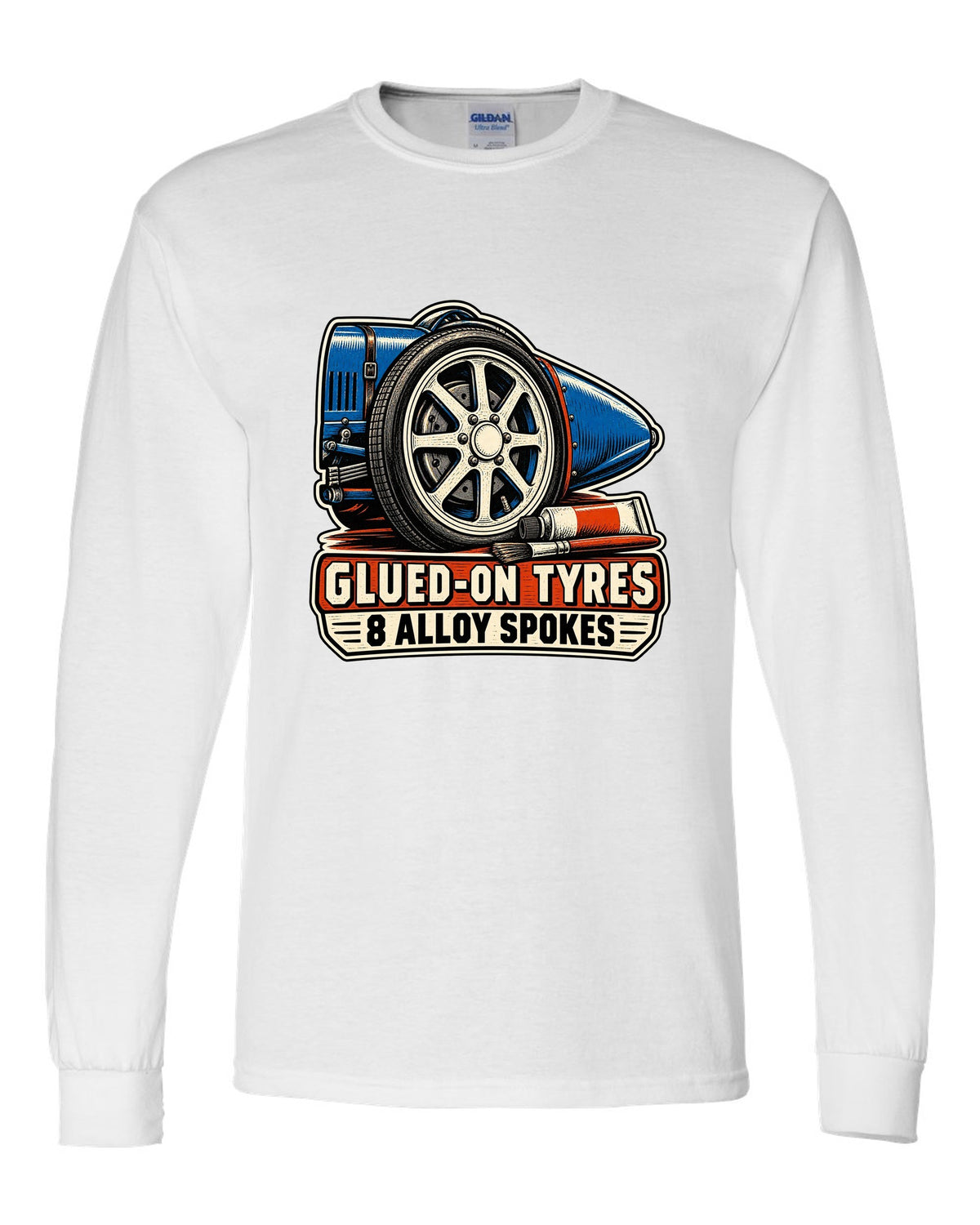 Linocut style print of a Bugatti Type 35 eight-spoke alloy wheel with glued-on tyres lettering white long sleeve front view with the design