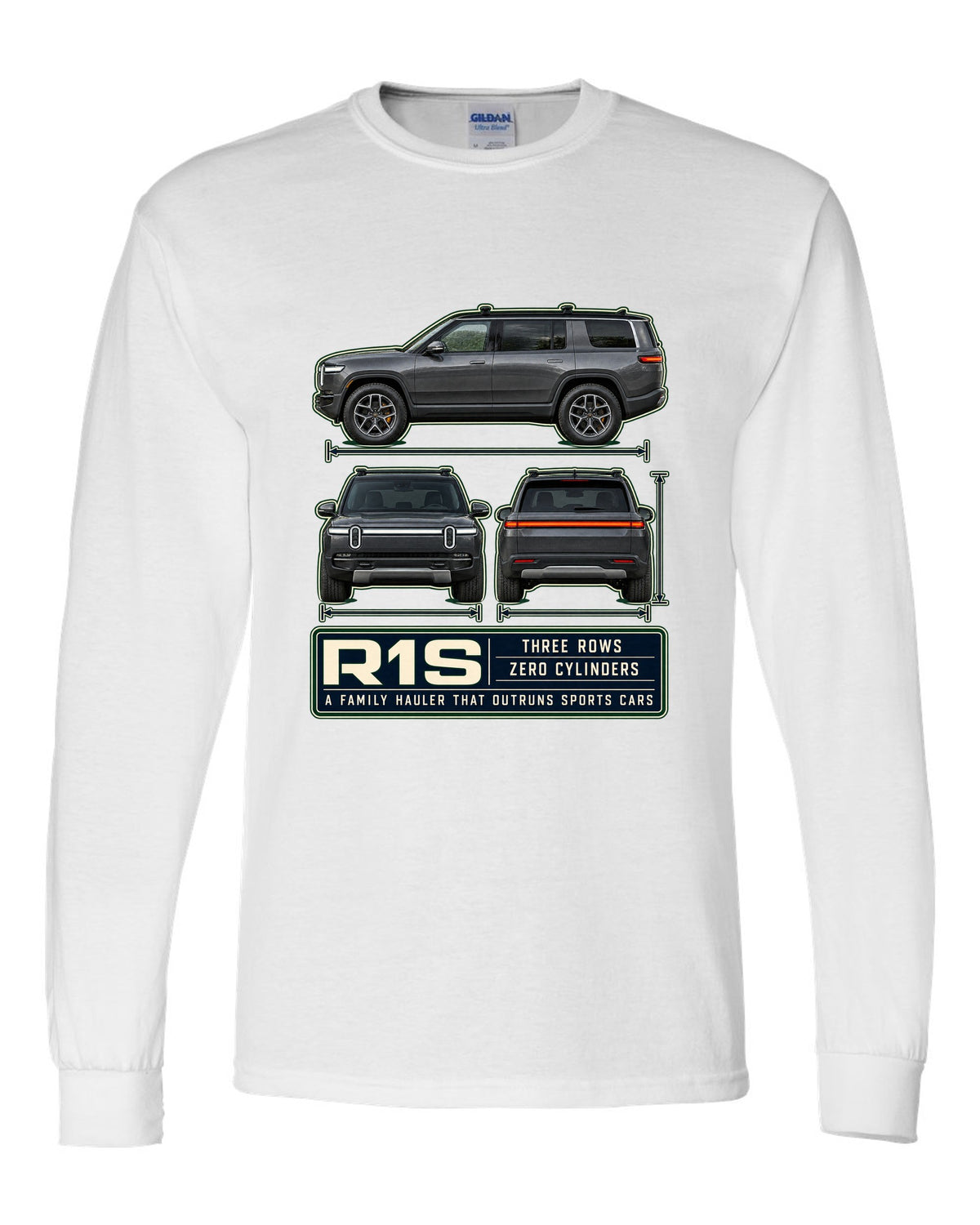 Three-view drawing with spec table print of the Rivian R1S seven-seat electric SUV white long sleeve front view with the design