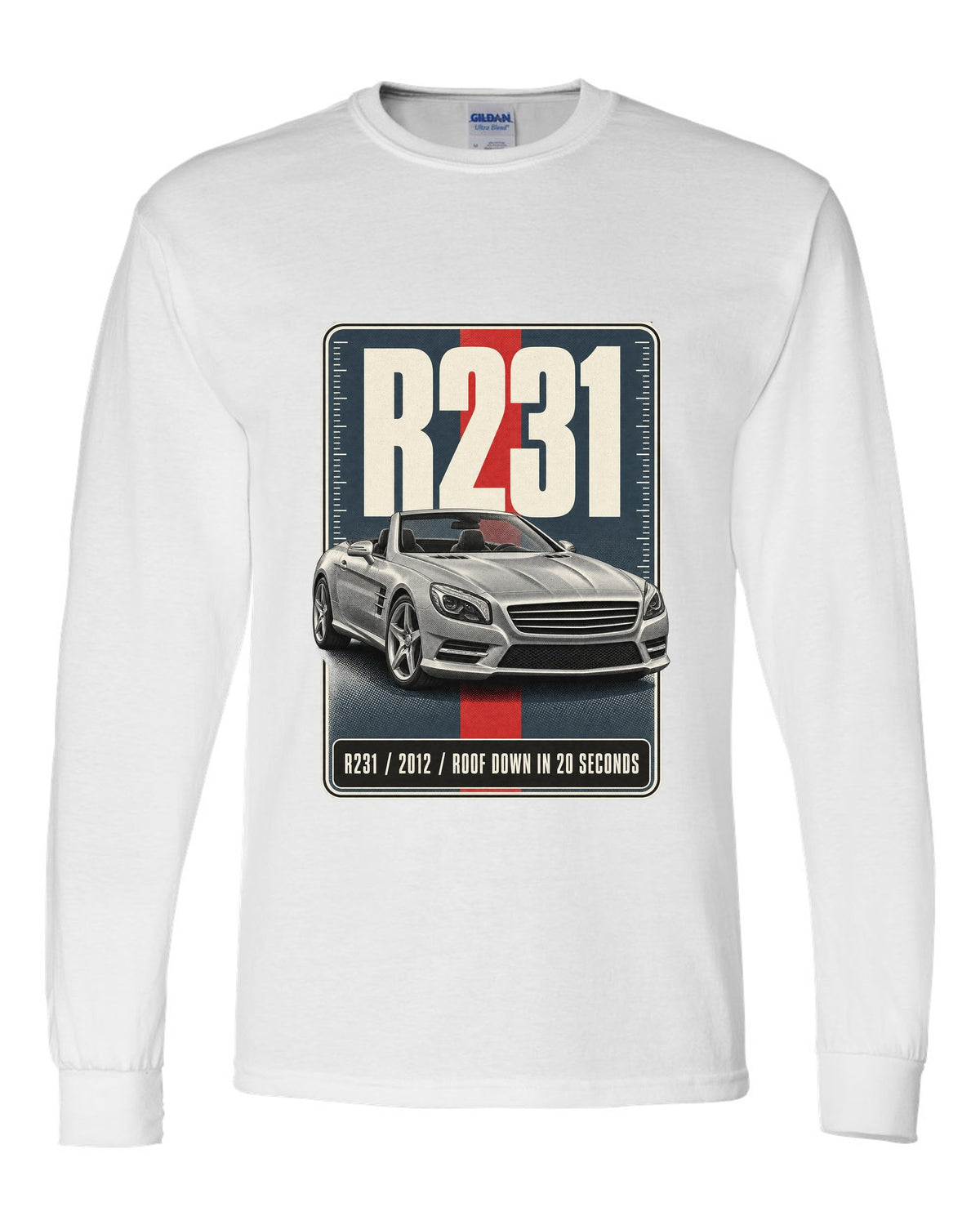 Mercedes-Benz SL R231 low front three-quarter halftone print in warm grey white long sleeve front view with the design