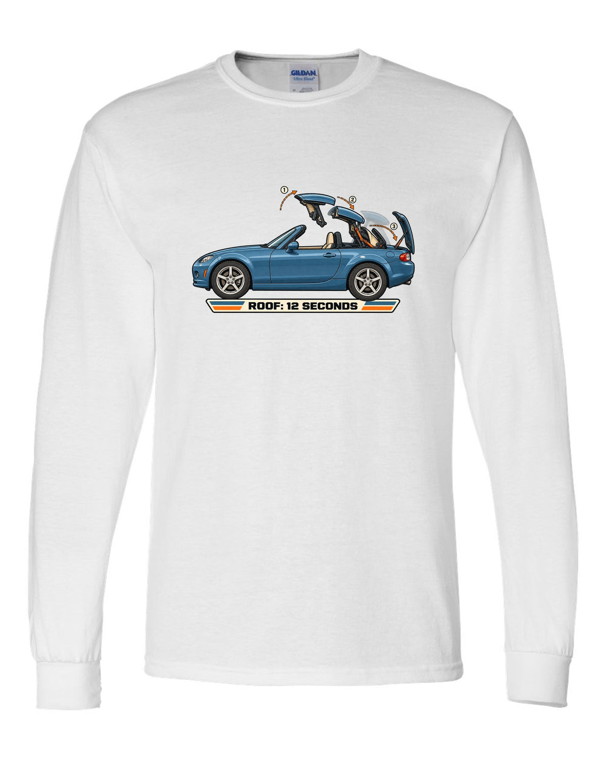 Exploded cutaway diagram of the Mazda MX-5 NC PRHT roof fold mechanism white long sleeve front view with the design