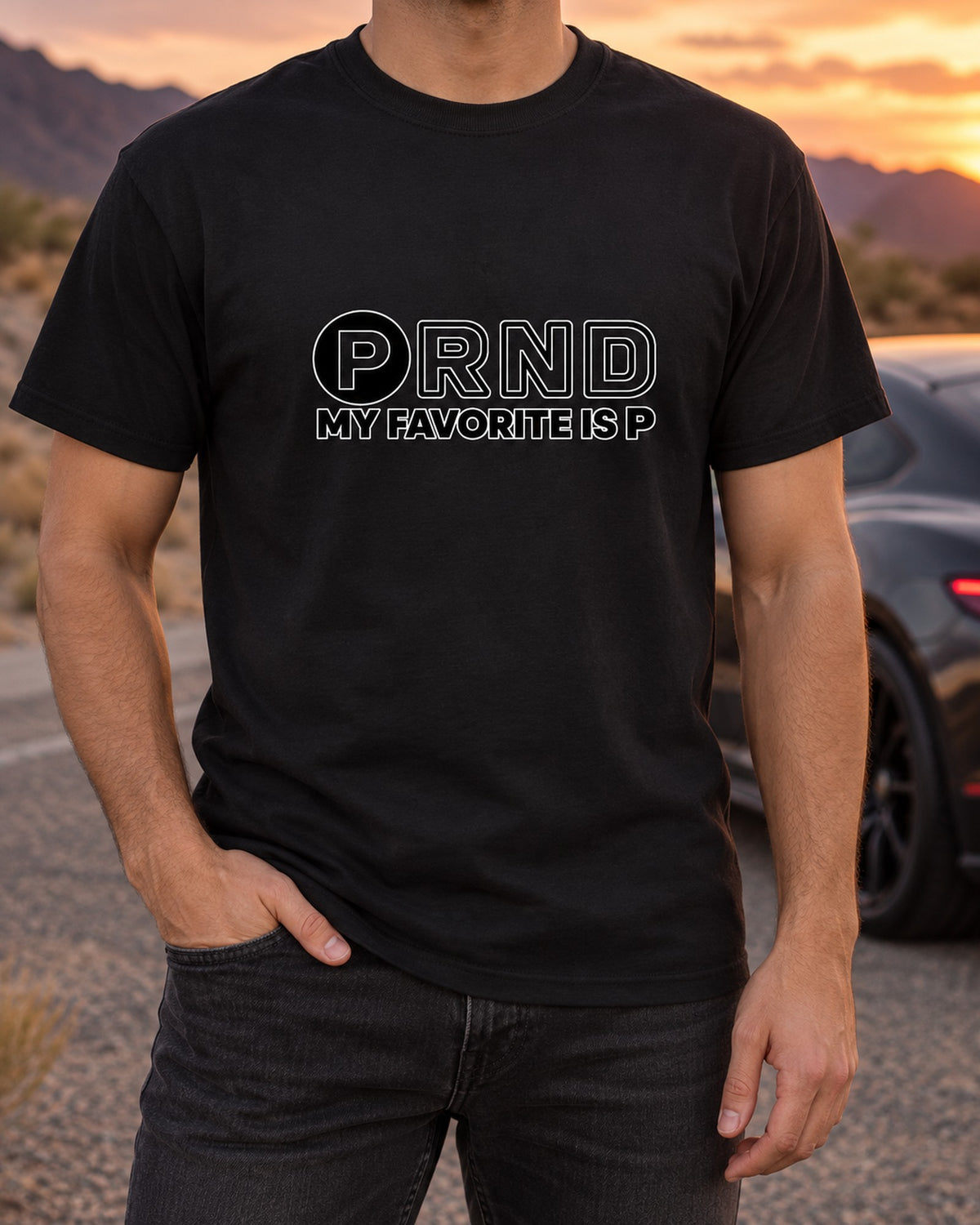 Funny PRND Park Favorite Gear Shirt for Car Guys T-Shirt Black worn hero