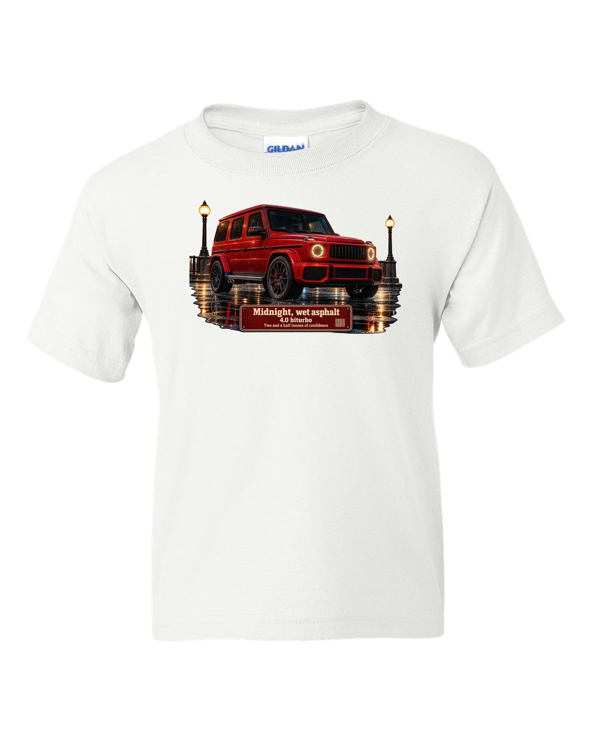 Night street print of a Mercedes-AMG G63 W463A on wet asphalt white kids tee front view with the design