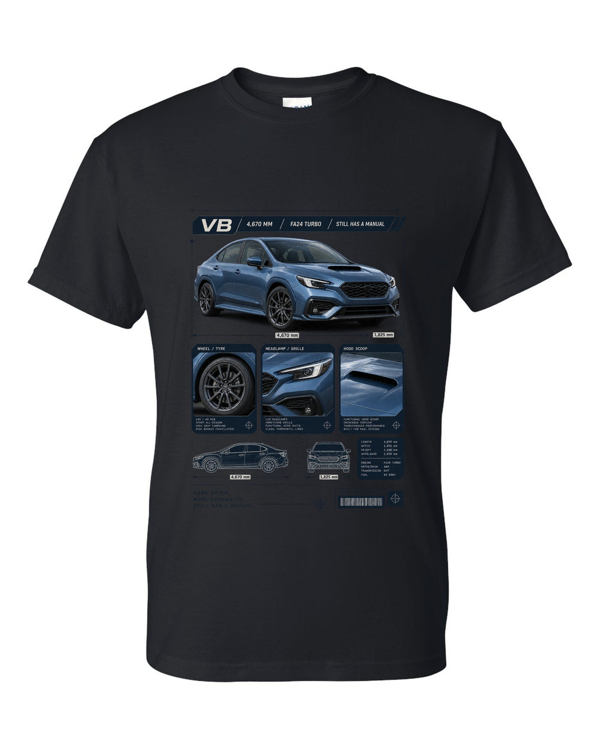 Dossier-style panel layout of a Subaru WRX VB sedan with GT and TR detail panels black t-shirt front view with the design