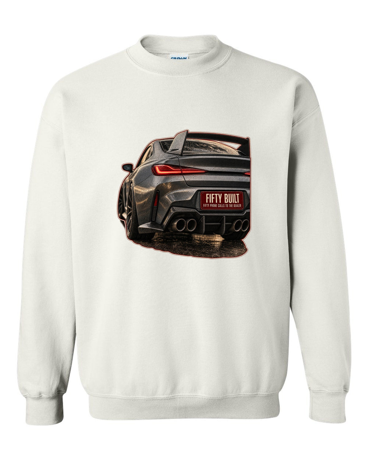 BMW 3.0 CSL 2023 rear light macro print white crewneck front view with the design