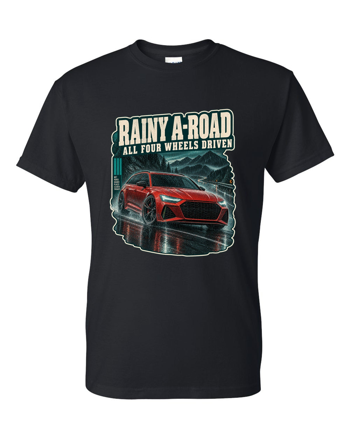 Rainy night road scene with an Audi RS6 Avant C8, all-wheel-drive caption black t-shirt front view with the design
