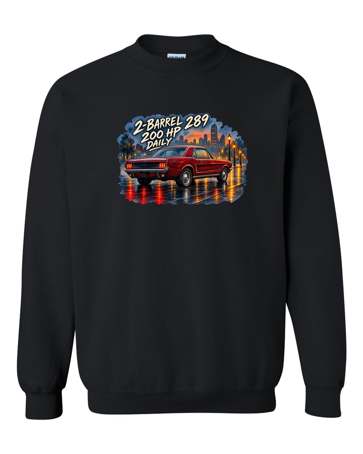 Watercolour wet-road night print of a 1965 Ford Mustang coupe with 2-barrel 289 text black crewneck front view with the design
