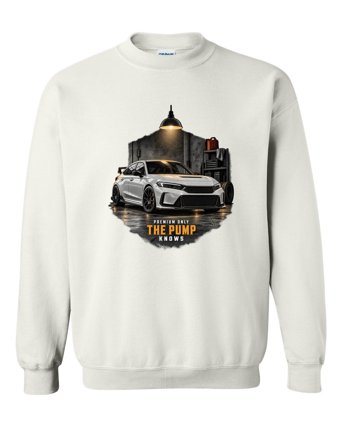 Honda Civic FL5 chback garage night design with premium only 98 octane text white crewneck front view with the design
