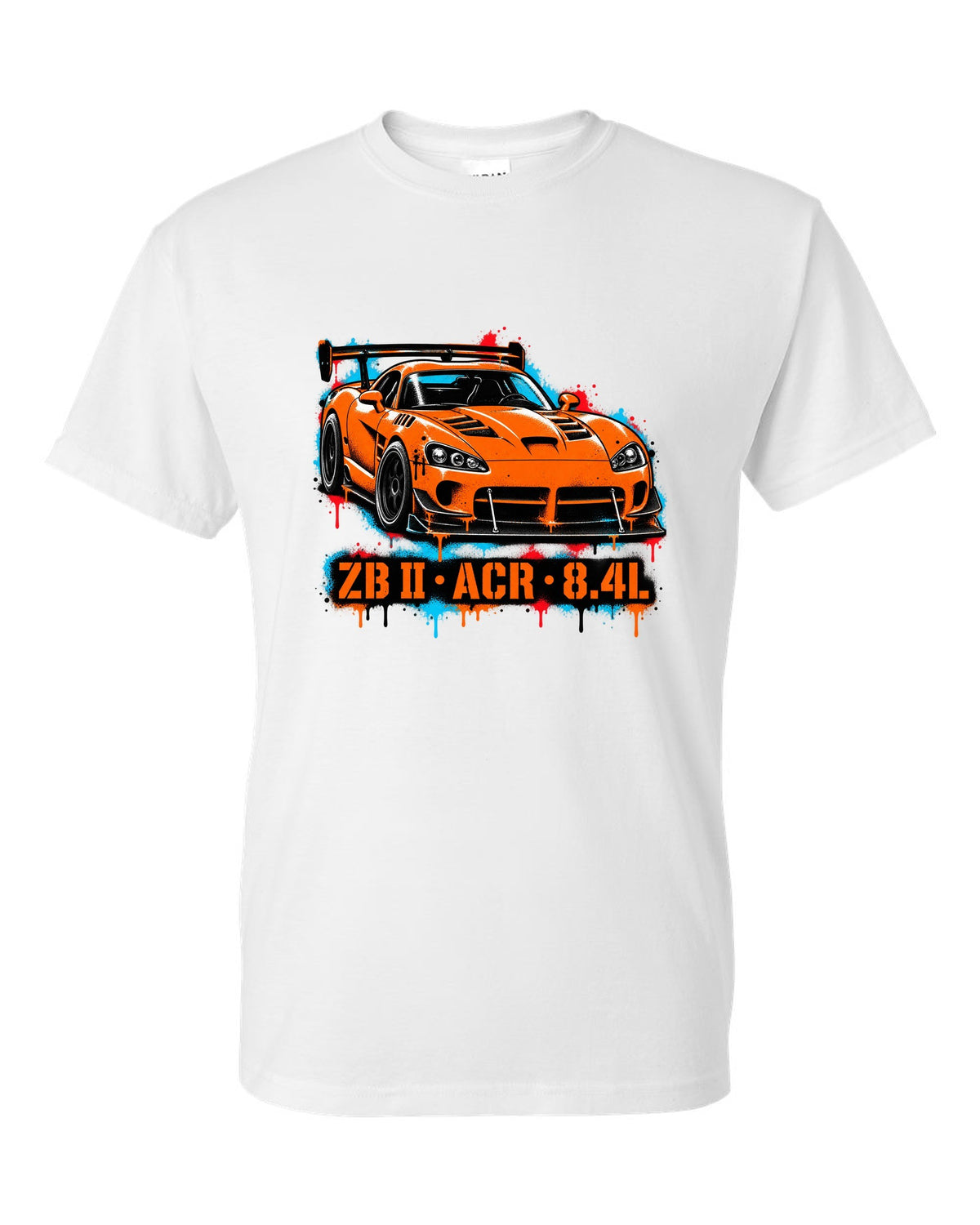 Stencil spray street art of a 2008 Dodge Viper ACR with large rear wing, ZB II ACR 8.4L lettering white t-shirt front view with the design