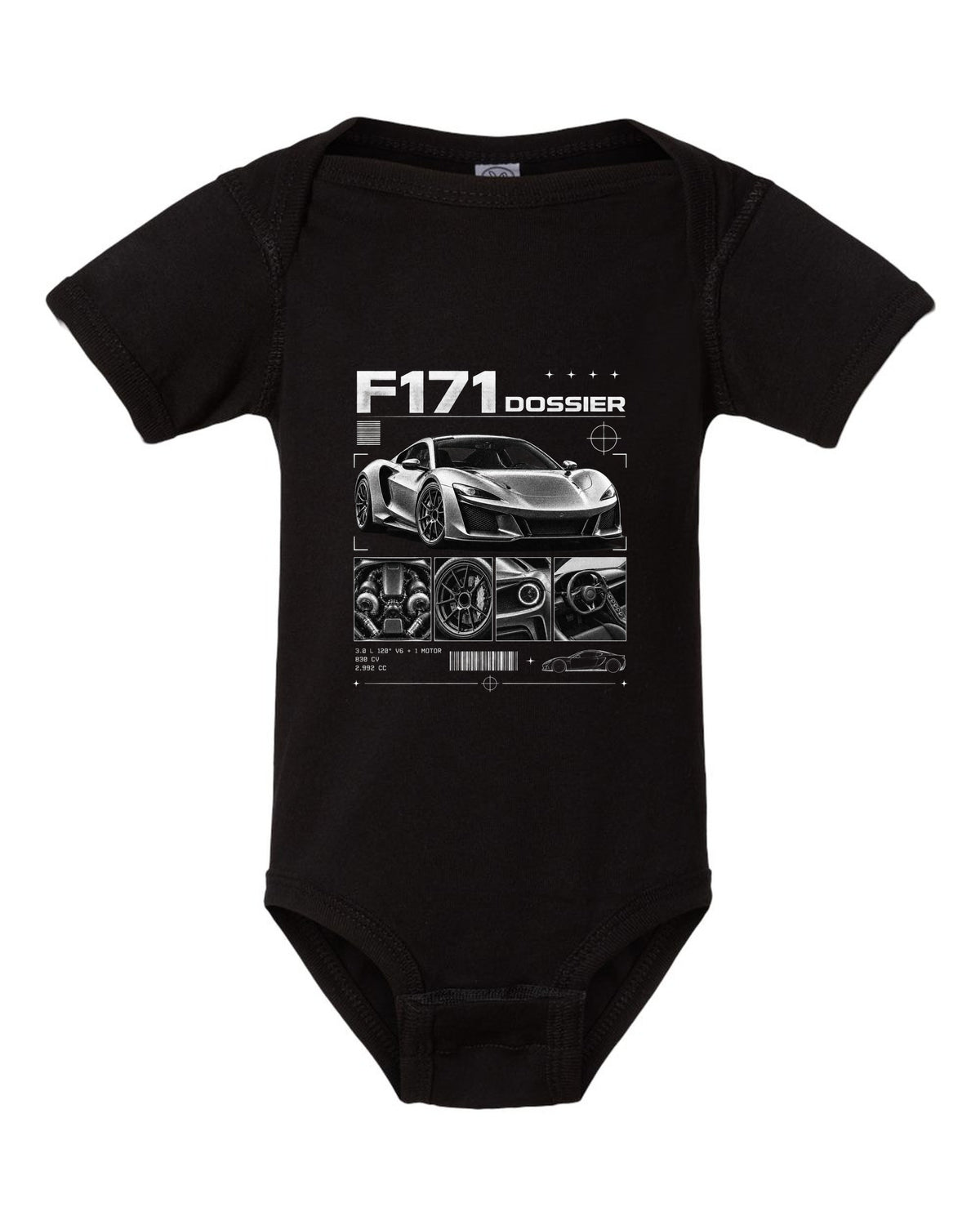 Dossier panel print of a Ferrari 296 GTB F171 with 3.0 L 120 degree V6 plus one motor, 830 CV black baby onesie front view with the design