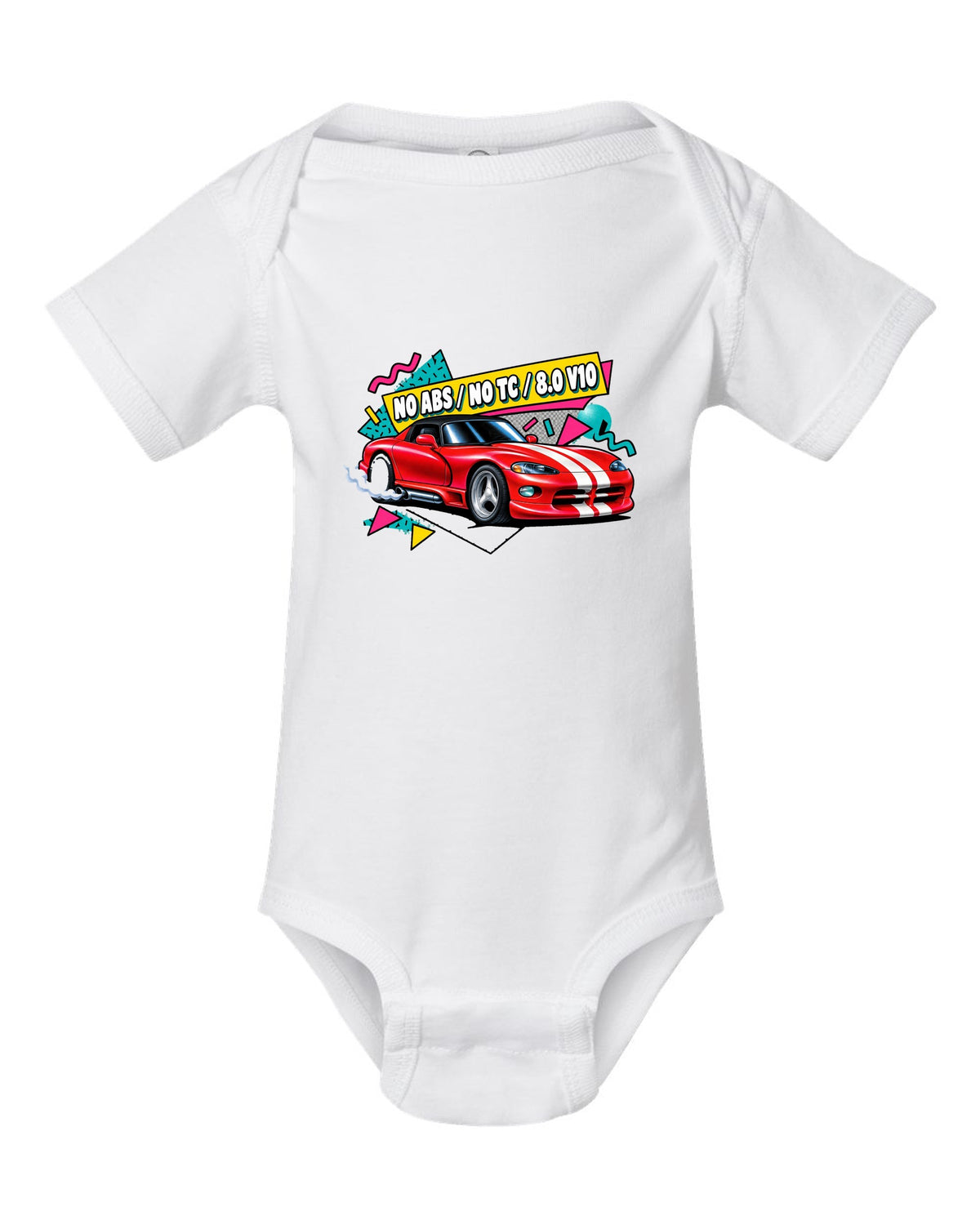 Airbrushed 90s Memphis grid design of a 1994 Dodge Viper RT/10 SR I white baby onesie front view with the design