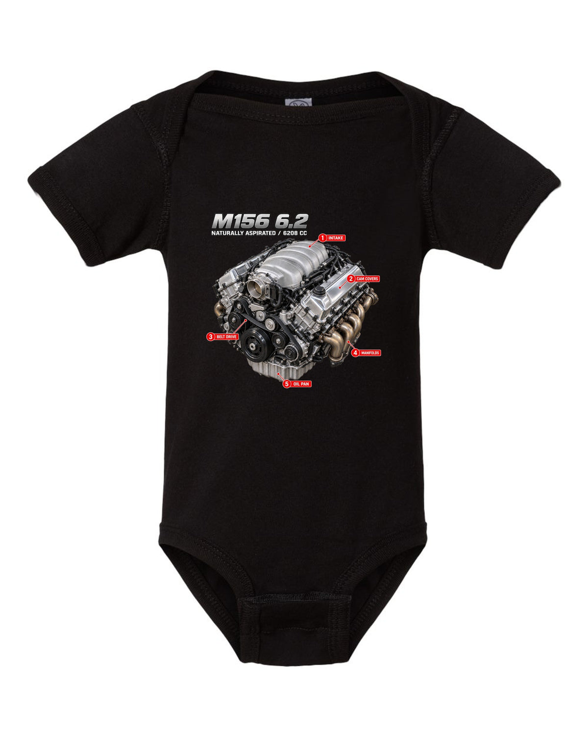 print of the Mercedes W204 C63 M156 6.2 V8 engine with text naturally aspirated 6208 cc black baby onesie front view with the design