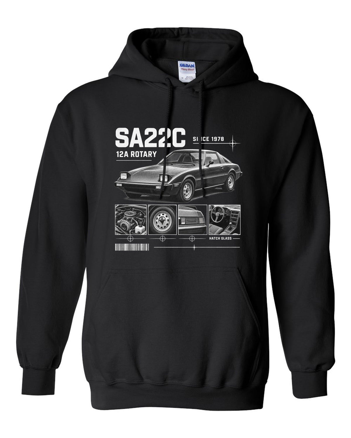 Dossier panel print of a Mazda RX-7 SA22C with 12A rotary lettering black pull over hoodie front view with the design