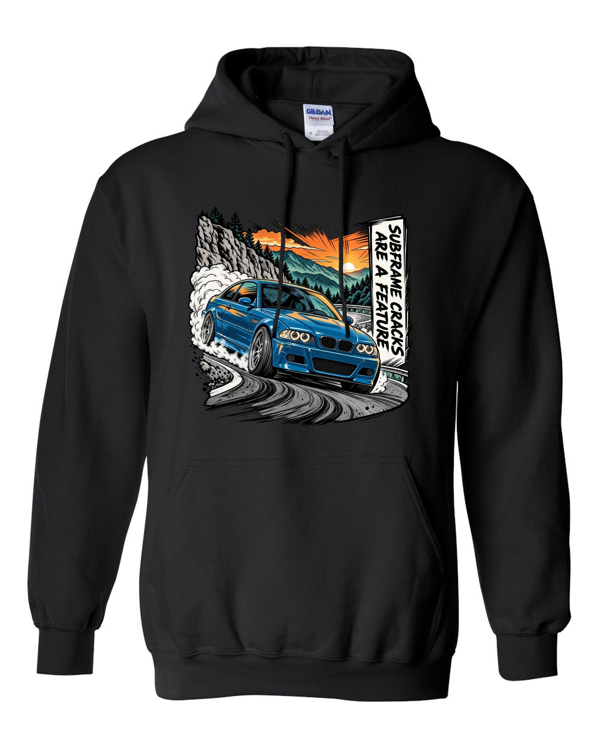 Retro manga halftone panel illustration of a BMW E46 M3 coupe on a mountain pass black pull over hoodie front view with the design