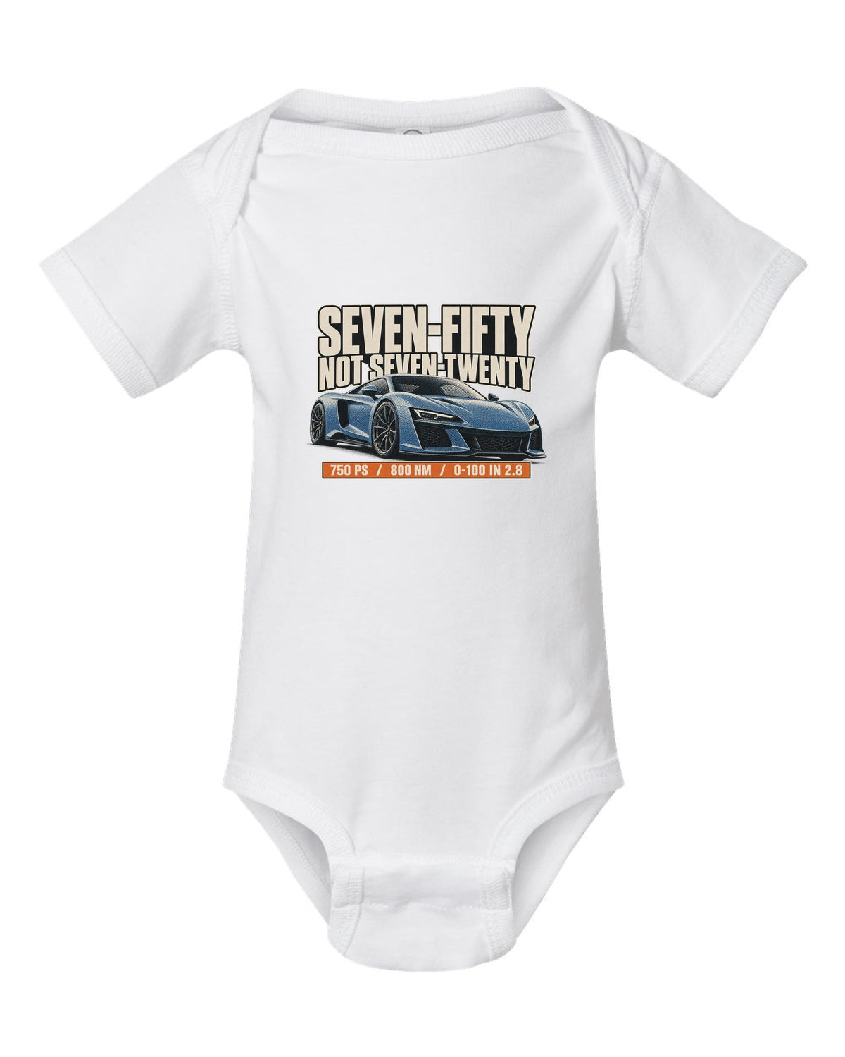 Halftone print of a McLaren 750S with the text seven-fifty not seven-twenty white baby onesie front view with the design