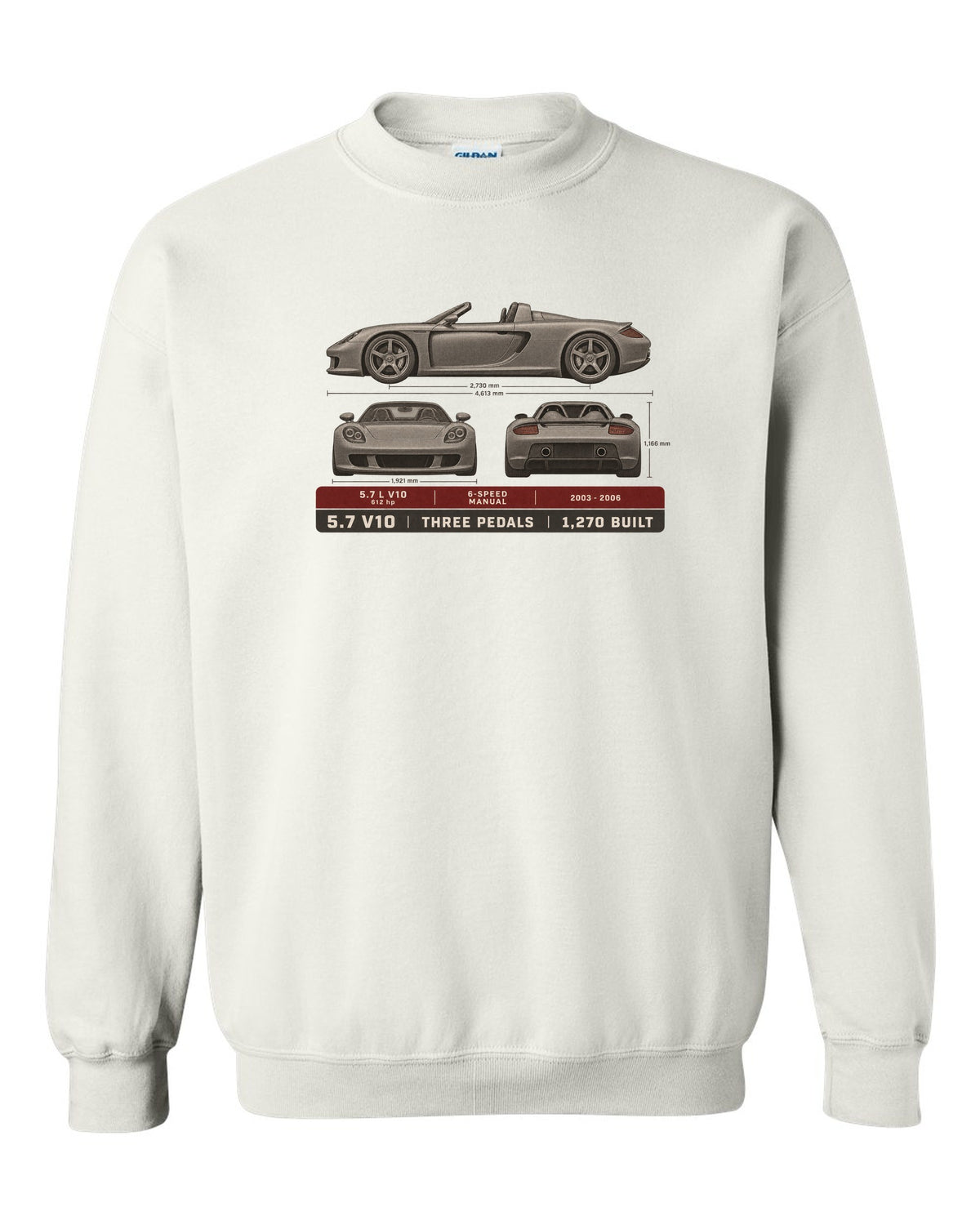 Porsche Carrera GT three-view and spec table print design white crewneck front view with the design
