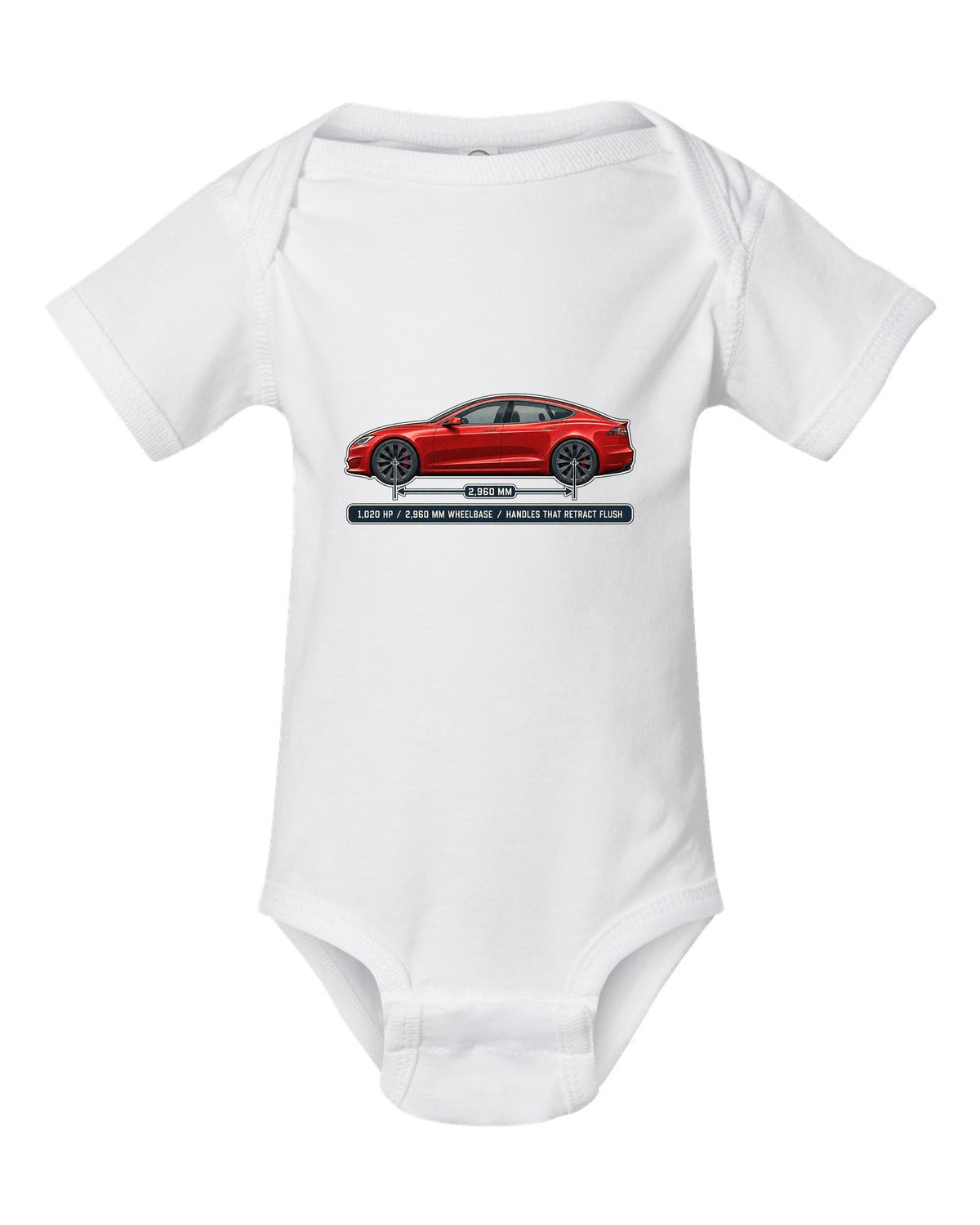 Tesla Model S Plaid Dimension Blueprint white baby onesie front view with the design
