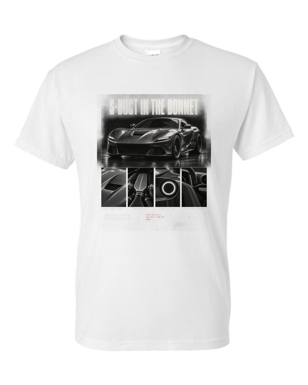 Dossier panel print of a Ferrari F8 Tributo with S-duct in the bonnet and 720 PS text white t-shirt front view with the design