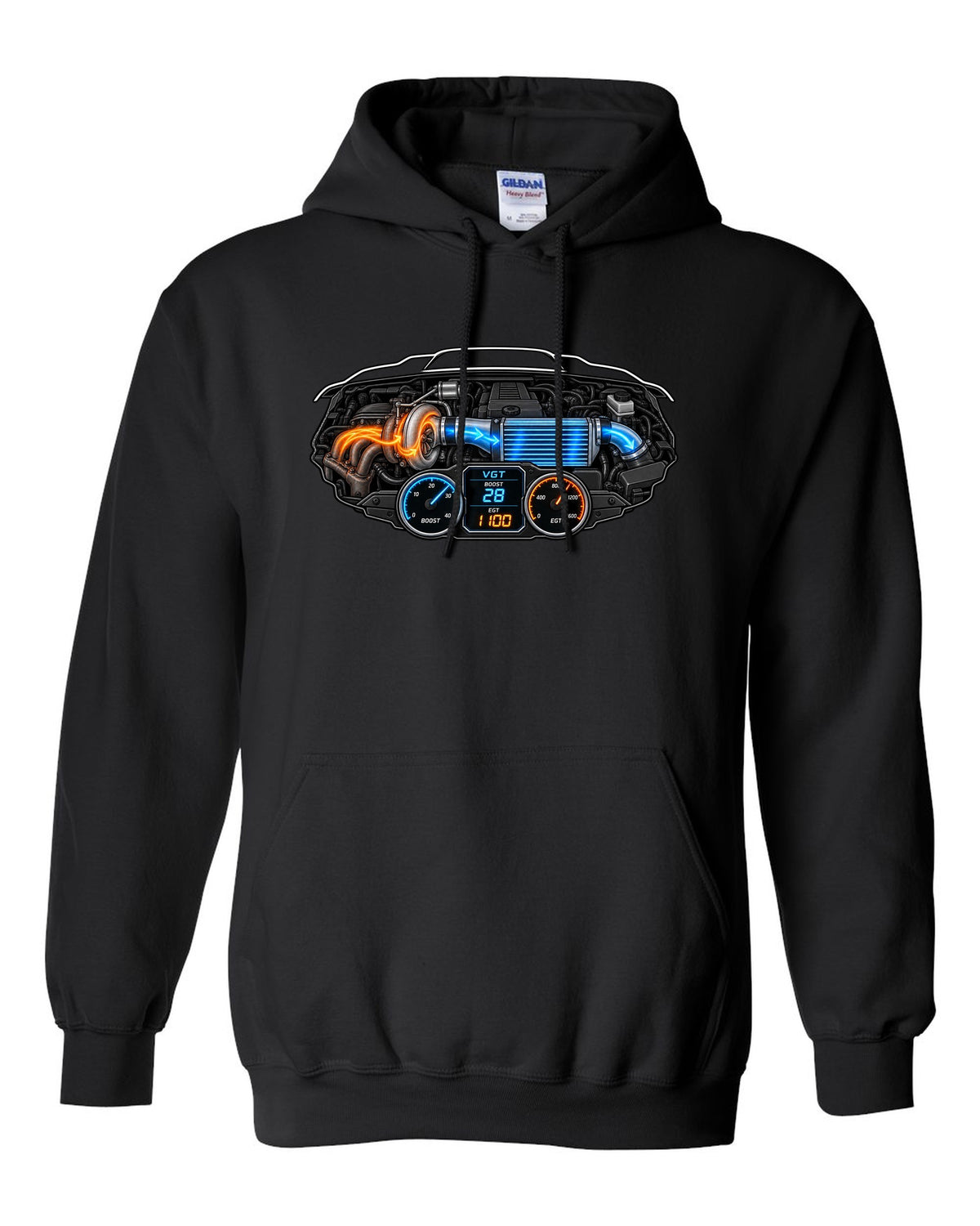 Gauge-cluster HUD print of a 2003-2009 Dodge Ram 3rd gen 5.9 compound turbo with VGT boost 28 EGT 1100 text black pull over hoodie front view with the design