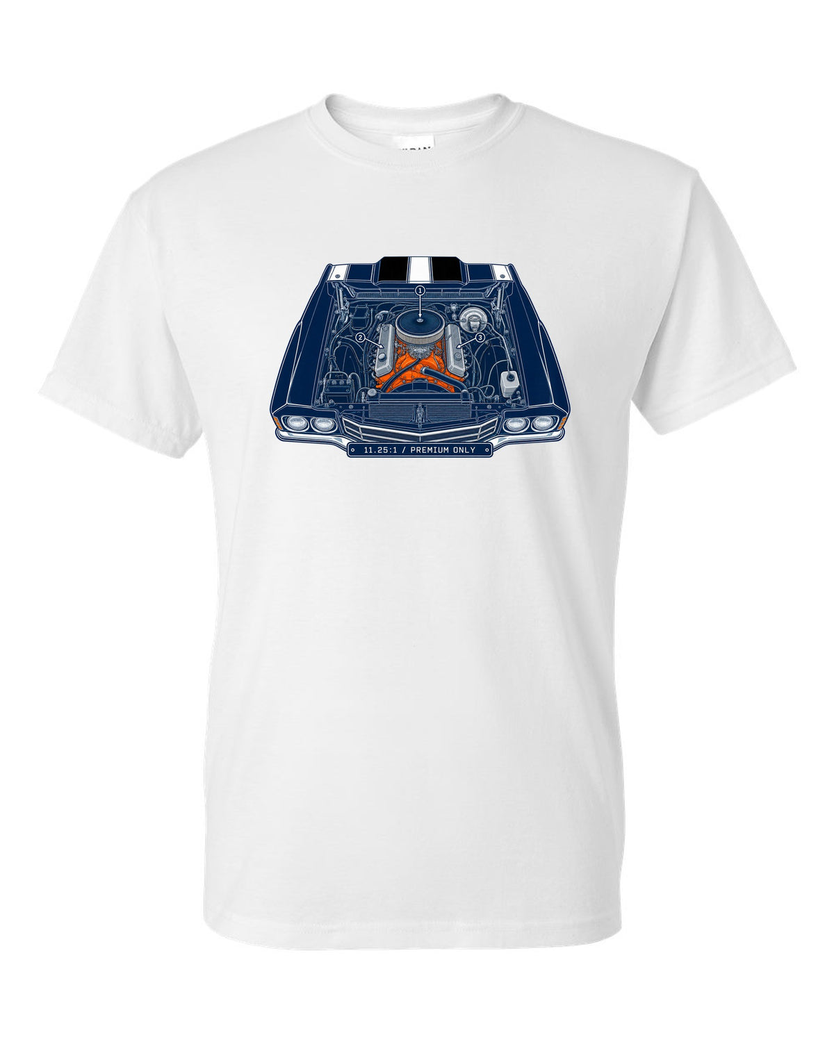 Patent blueprint drawing with numbered callouts of a 1970 Chevrolet Chevelle SS LS6 engine bay white t-shirt front view with the design
