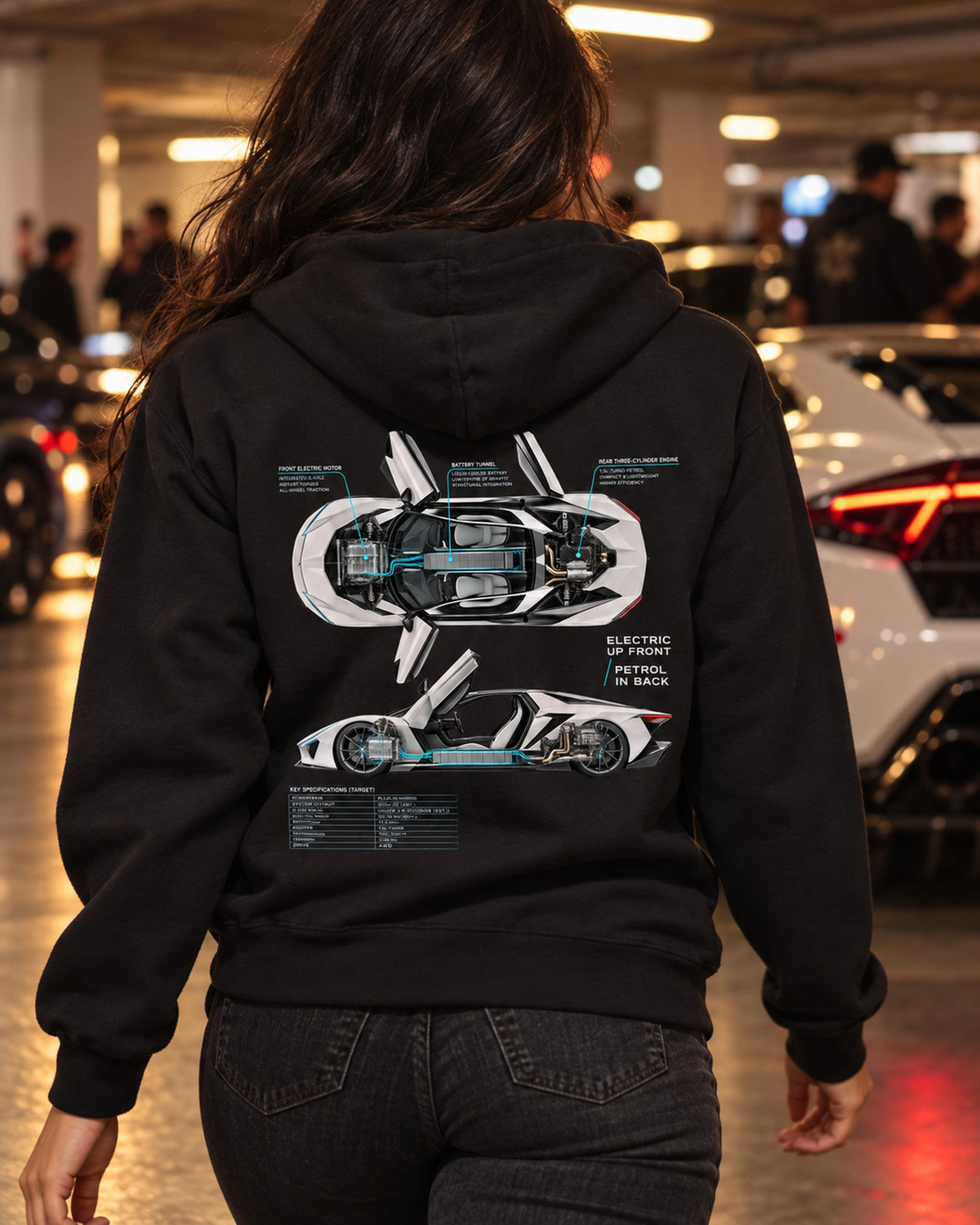 BMW i8 I12 Spec Poster Shirt, Electric Front Petrol Rear Zip Hoodie Black worn hero