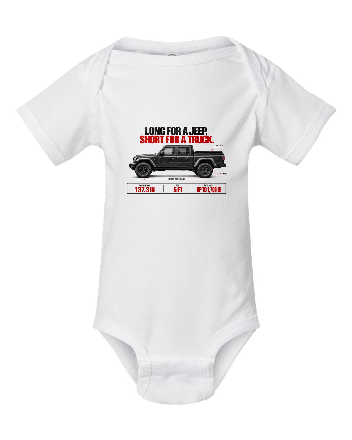 Jeep Gladiator JT spec poster print with wheelbase and payload figures white baby onesie front view with the design