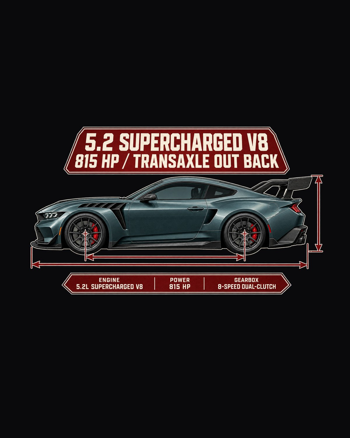 Mustang GTD Dimension Blueprint Shirt, 815 HP Supercharged V8 design only