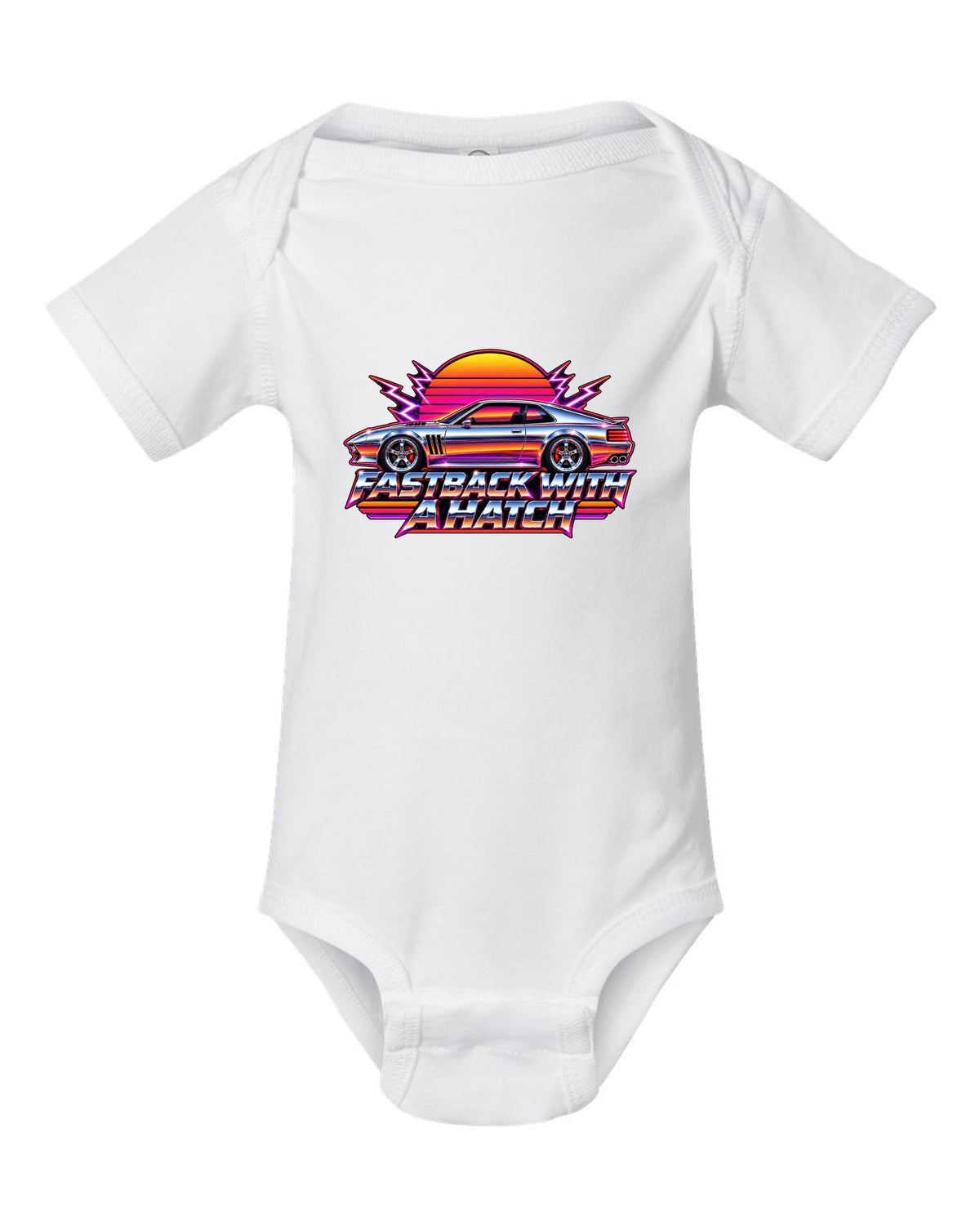 Kia Stinger GT CK 80s airbrush chrome sunset print with fastback with a ch text white baby onesie front view with the design
