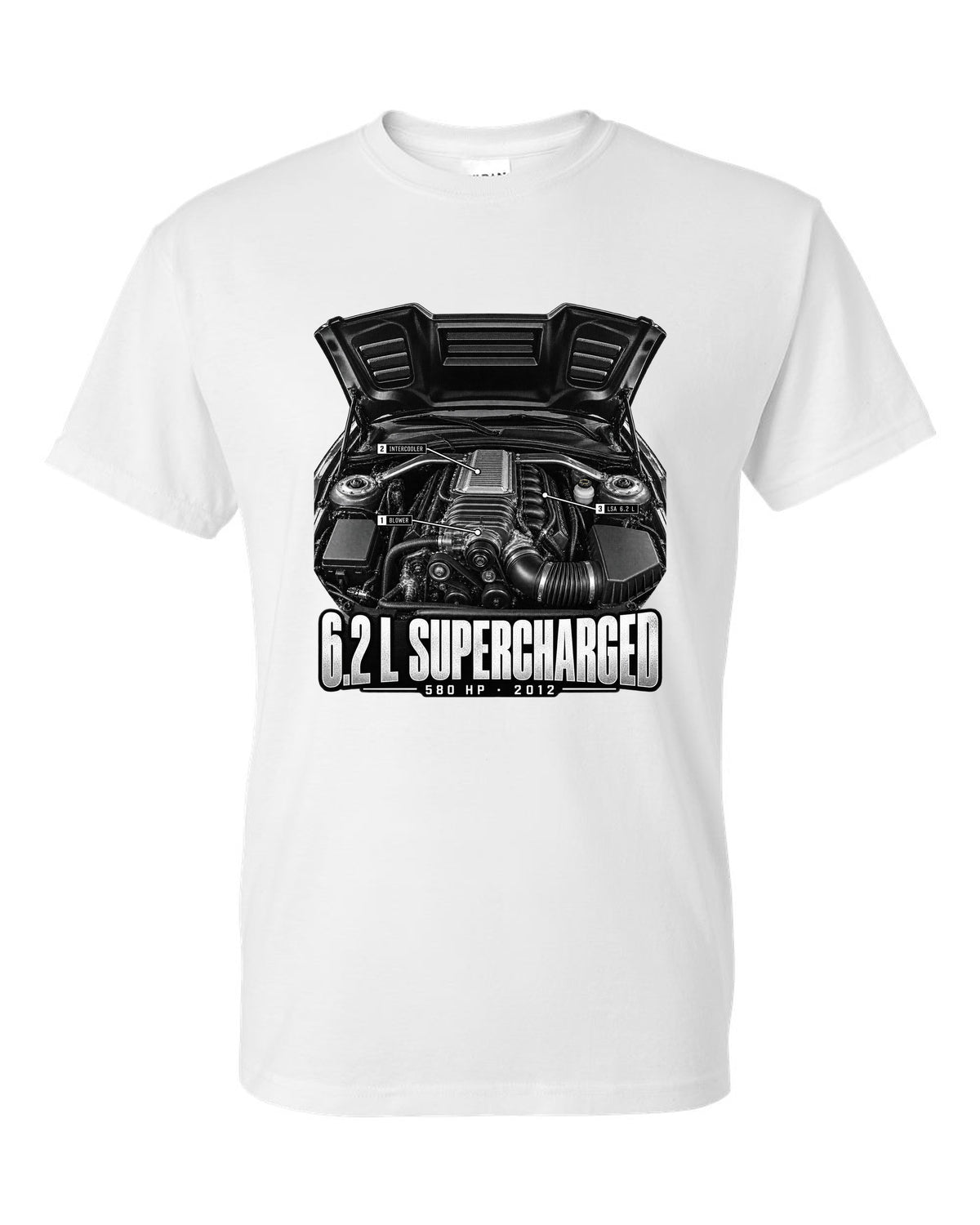 Engine hero print of a supercharged 6.2 L LSA in a 2013 Chevrolet Camaro ZL1 with numbered callouts white t-shirt front view with the design