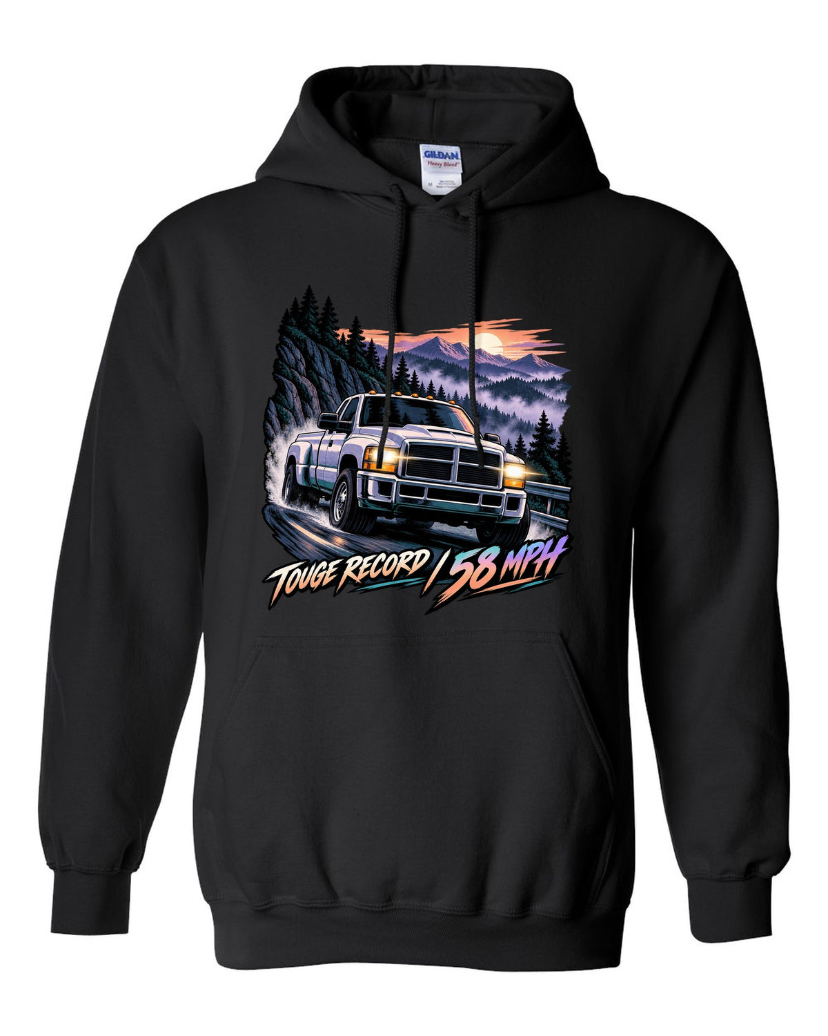 Cel-shaded anime night touge print of a 1994-1998 Dodge Ram 2500 12V Cummins black pull over hoodie front view with the design