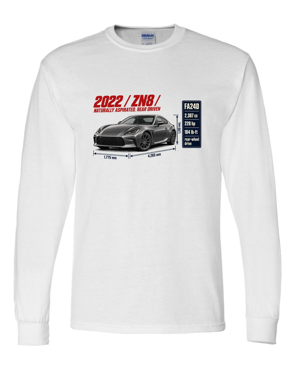 Spec poster layout for a 2022 Toyota GR86 ZN8, poster-style print white long sleeve front view with the design