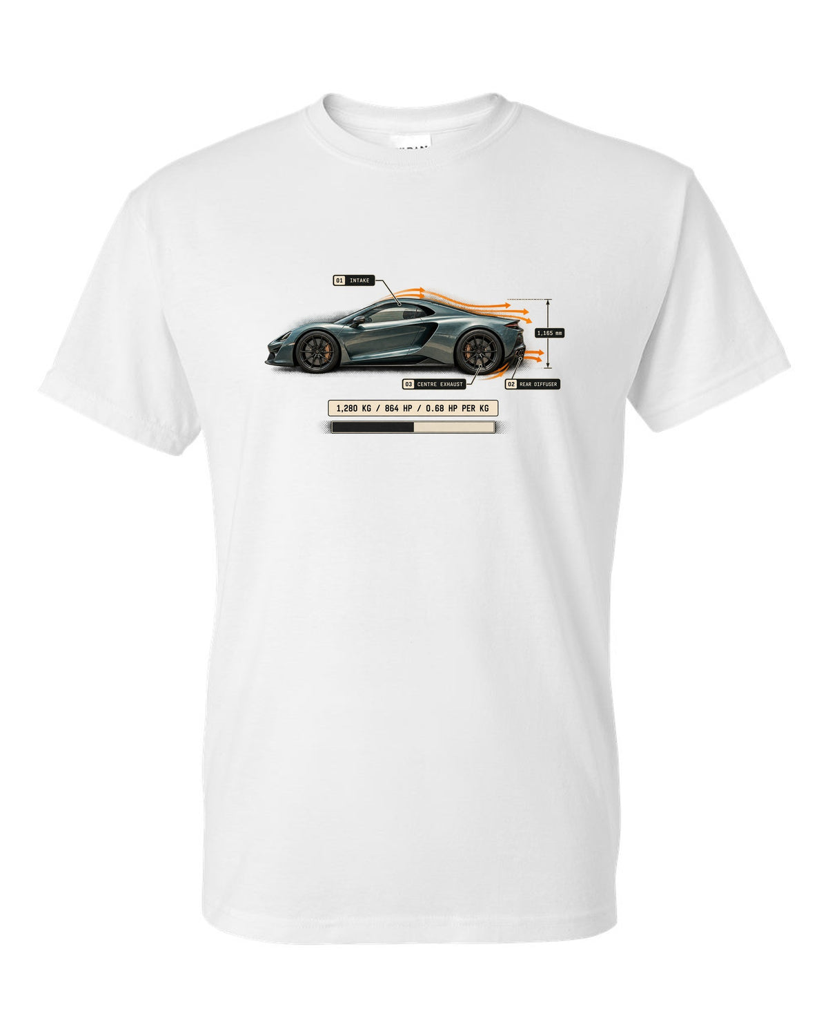 Airflow callout print of the Pagani Utopia with the text 1,280 kg, 864 hp, 0.68 hp per kg white t-shirt front view with the design