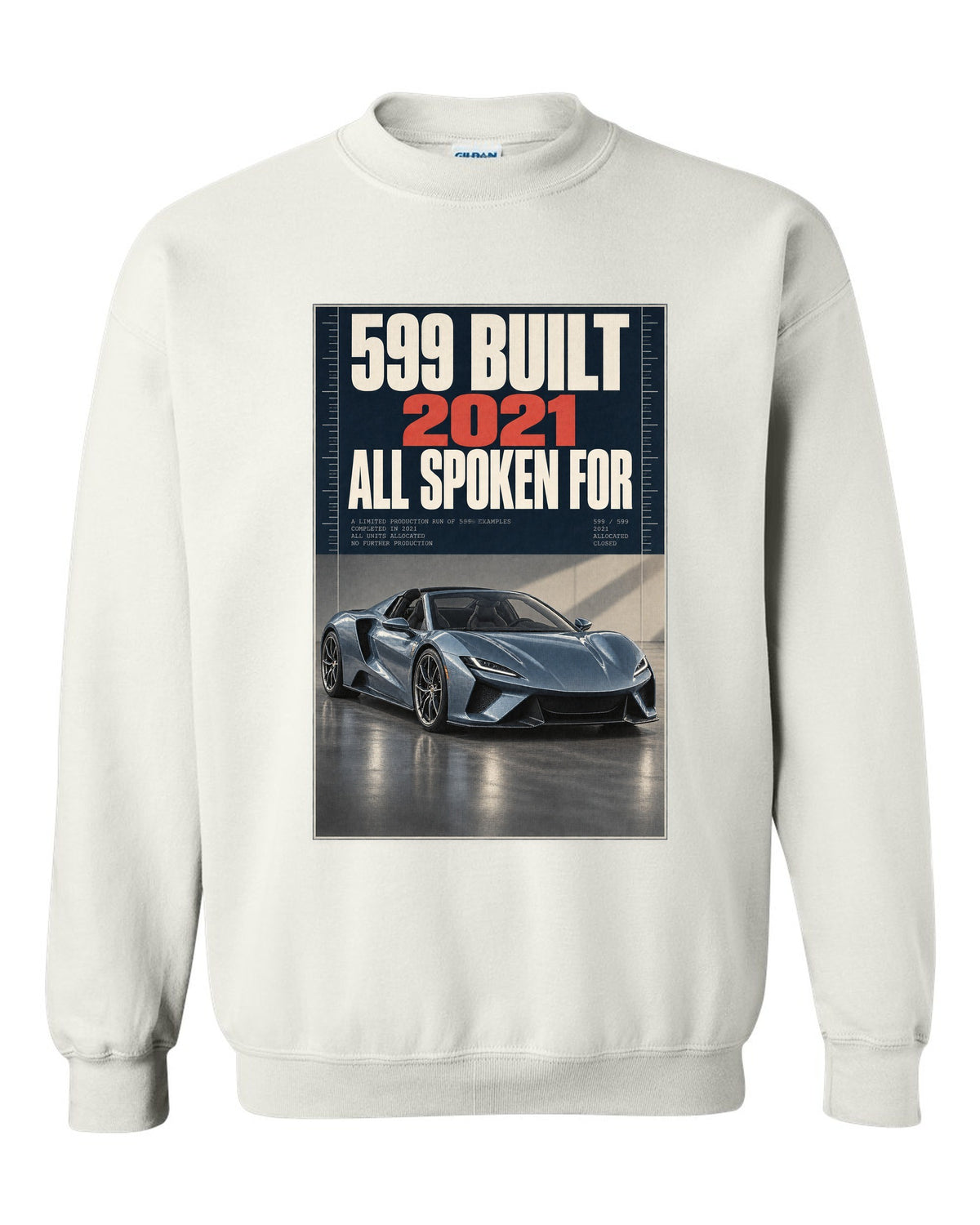 Halftone print of the Ferrari Daytona SP3 on a tee white crewneck front view with the design