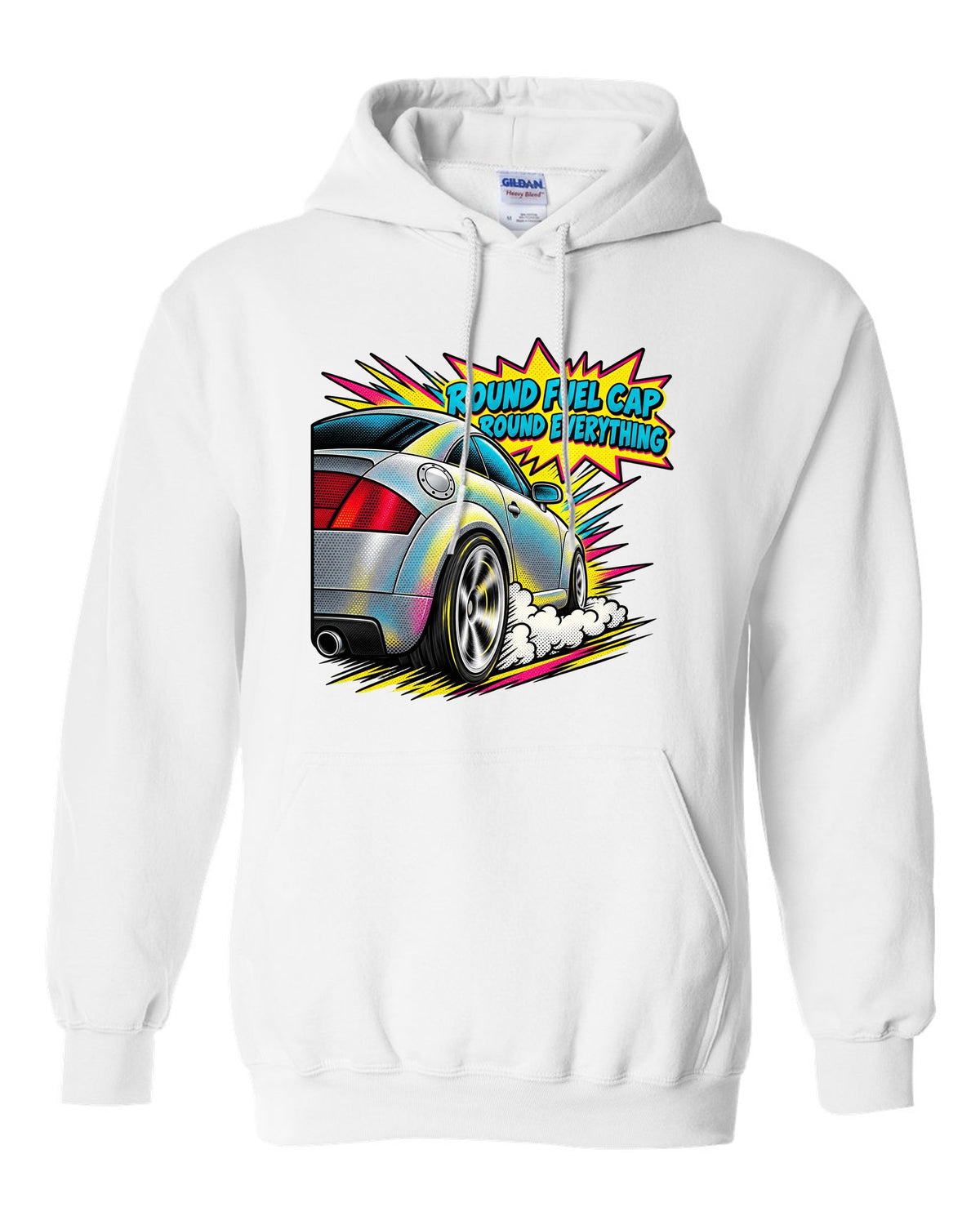 Comic halftone pop-art print of an Audi TT 8N with Round Fuel Cap text white pull over hoodie front view with the design