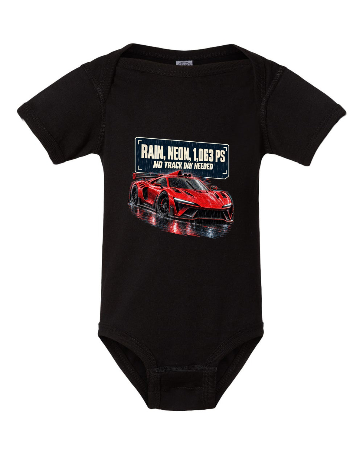 Mercedes-AMG One hypercar on a rainy neon night street black baby onesie front view with the design